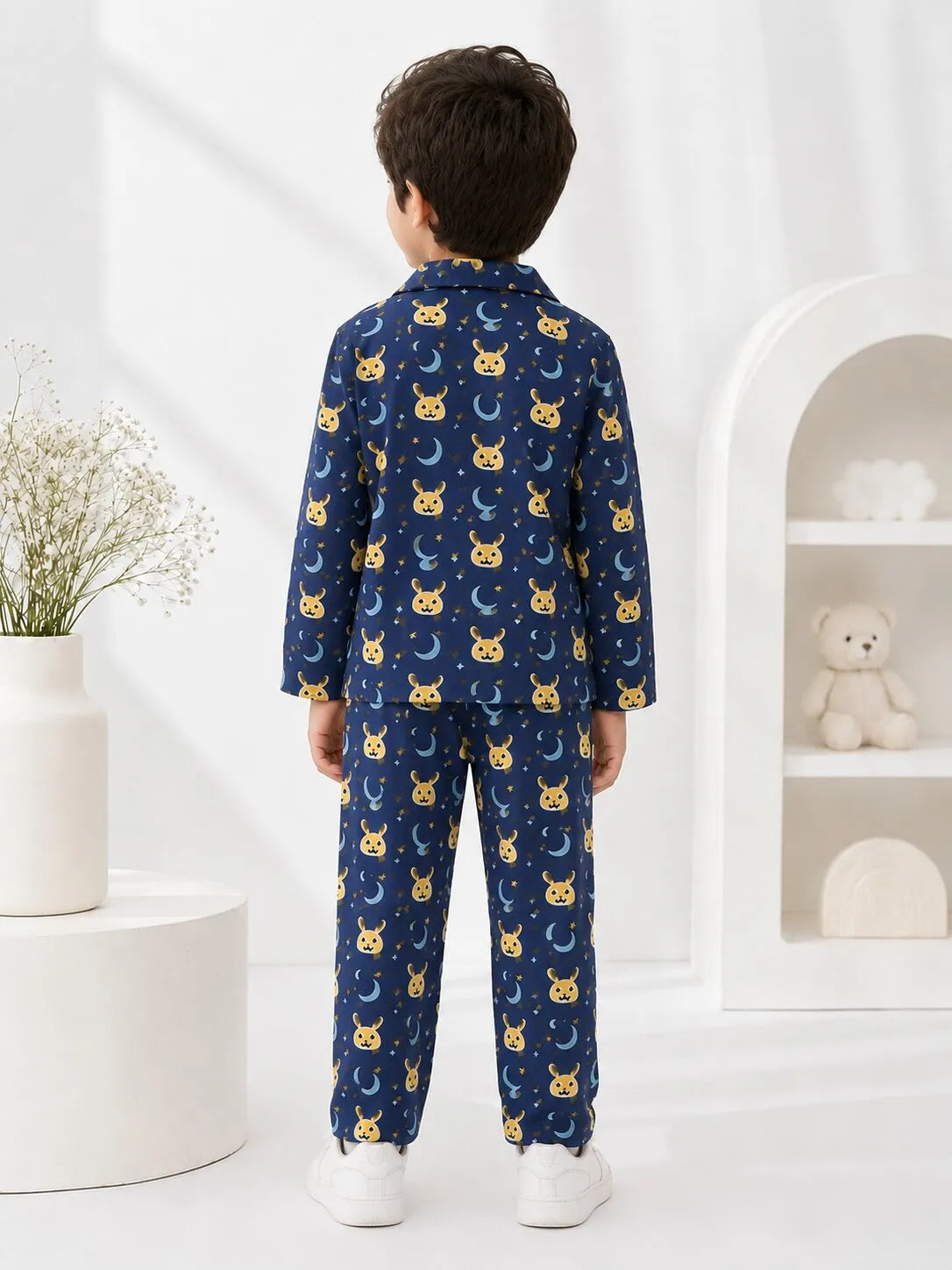 Kids Navy Blue & Yellow Bunny Print Night Suit