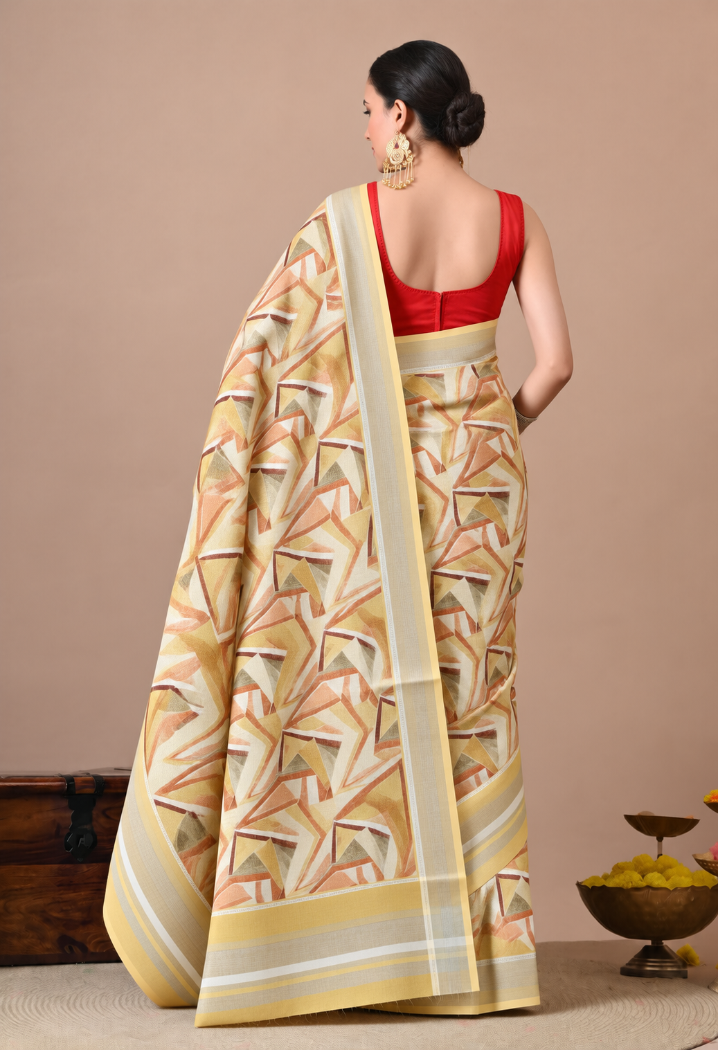 Elegant Cream Cotton Saree with Abstract Printed Design and Golden Border