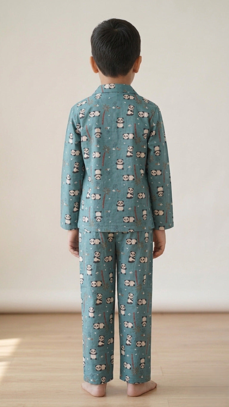 Kids Boys Blue Panda Printed Satin Night Suit