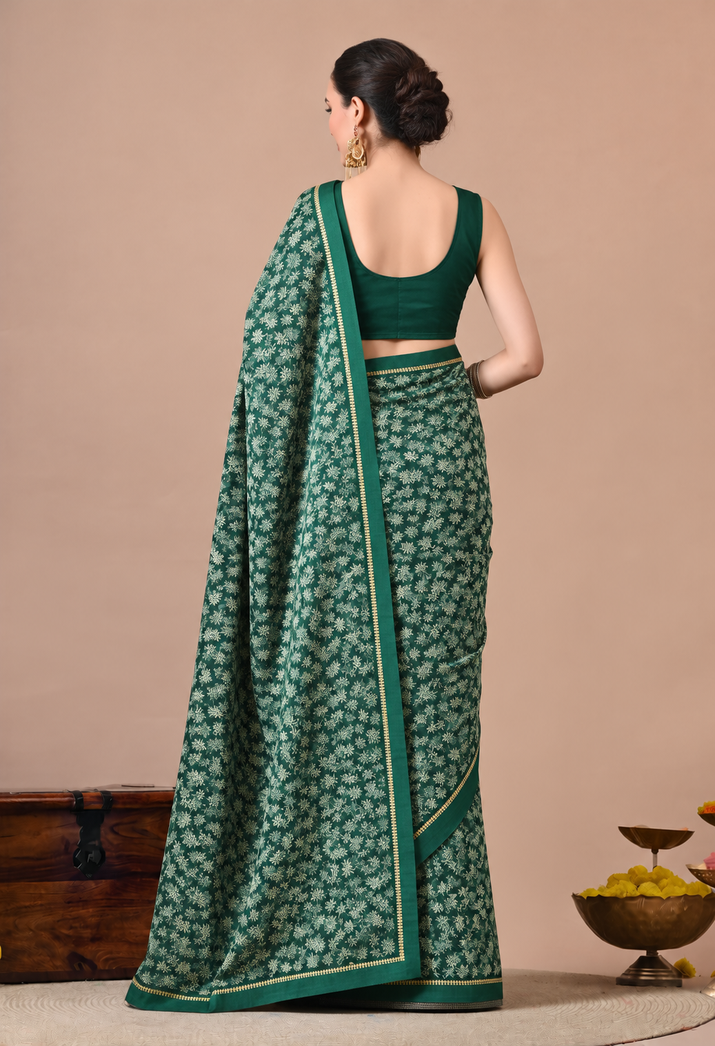Elegant Bottle Green Chiffon Saree with Intricate Floral Print