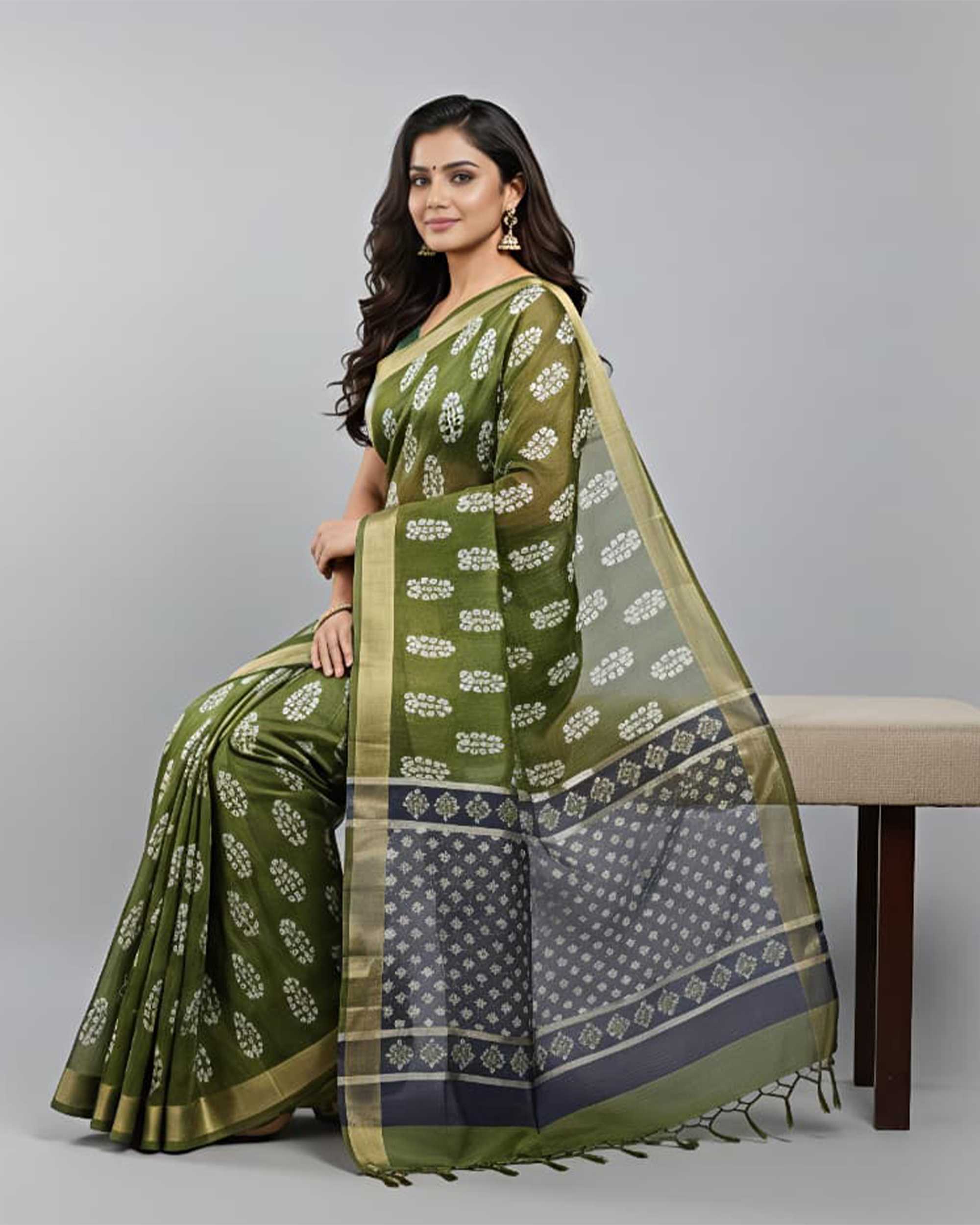 Women Olive Green & White Printed Chanderi Cotton Saree with Contrast Pallu