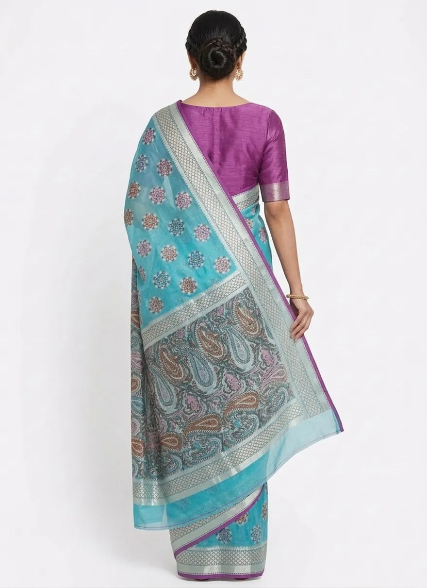 Women Turquoise Blue & Purple Floral Printed Chanderi Silk Saree with Unstitched Blouse