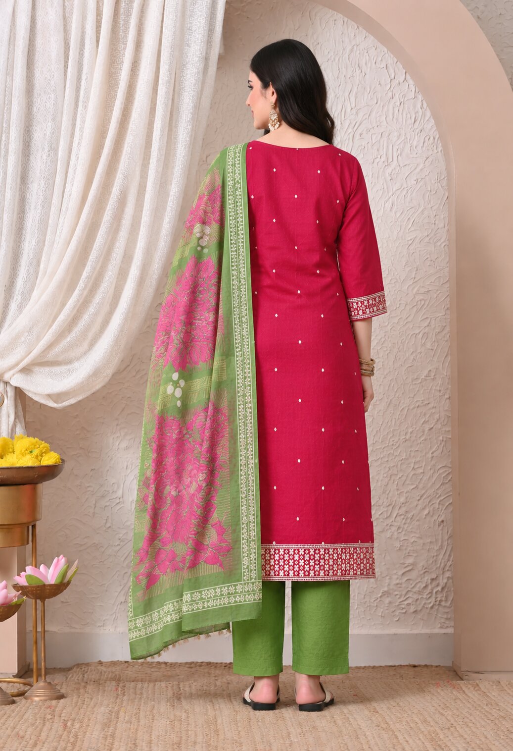 Magenta Pink Chanderi Silk Embroidered Suit Set with Organza Dupatta