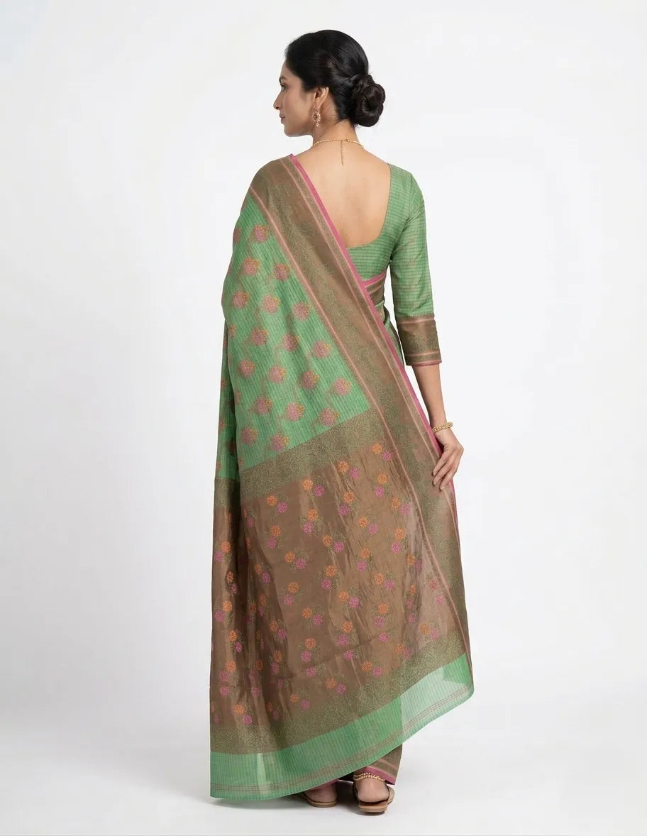 Sea Green & Brown Checked Silk Blend Saree with Floral Woven Butis