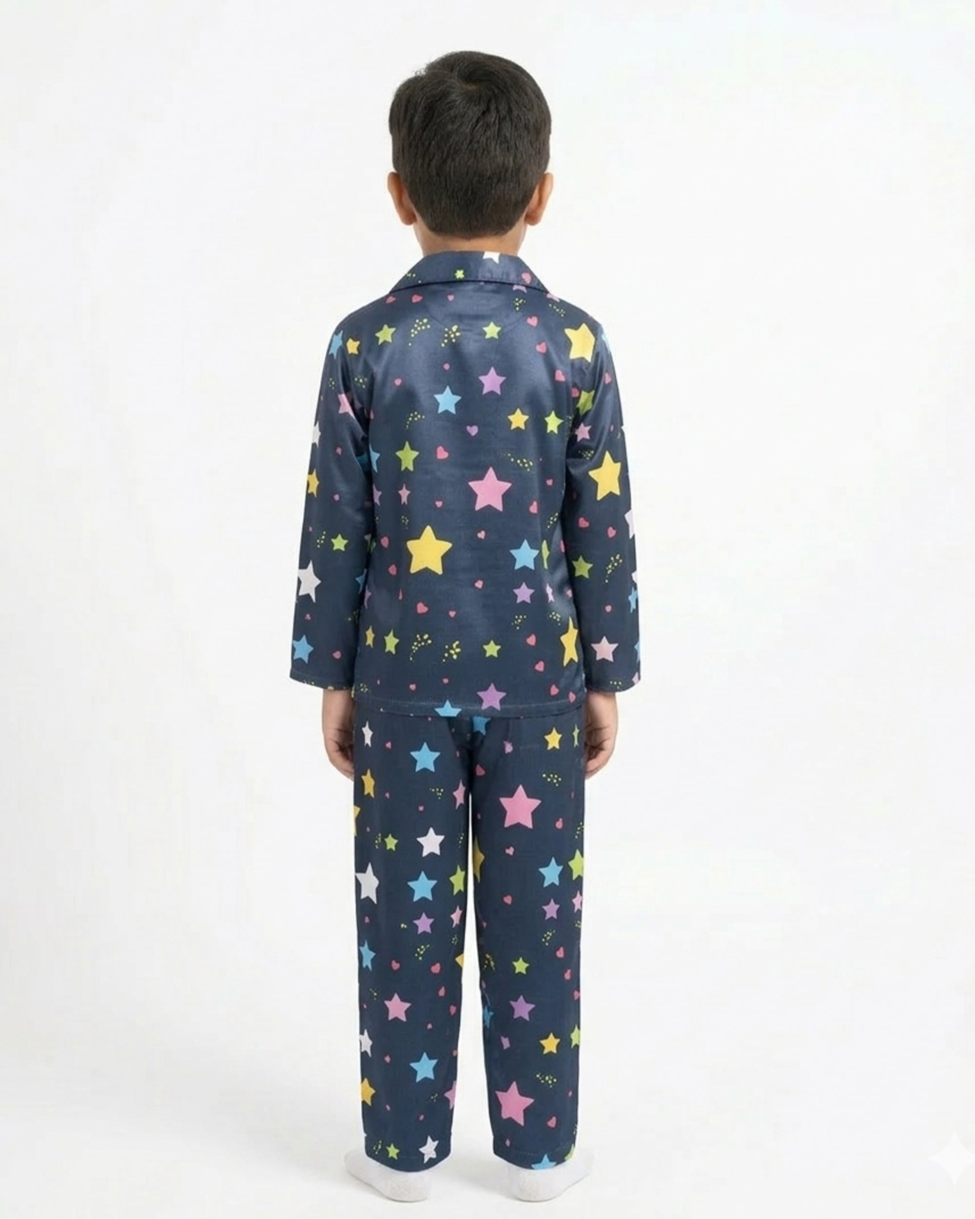 Boys Navy Blue & Multi-Colored Star Print Satin Night Suit