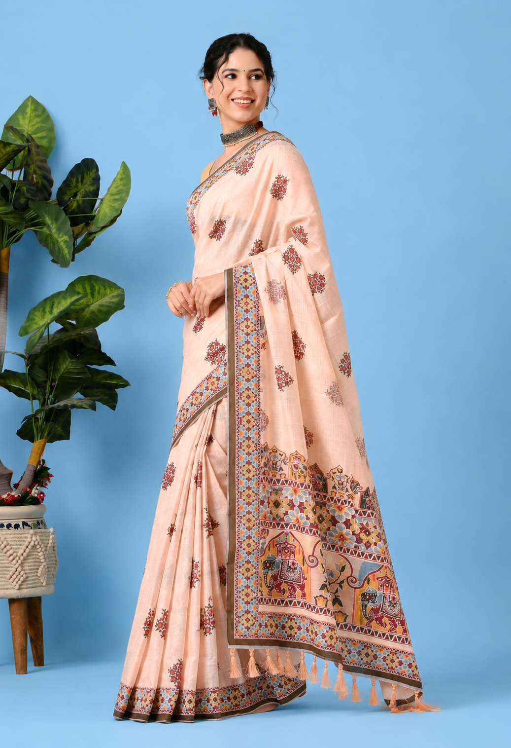 Peach Printed Cotton Saree with Traditional Elephant & Floral Border