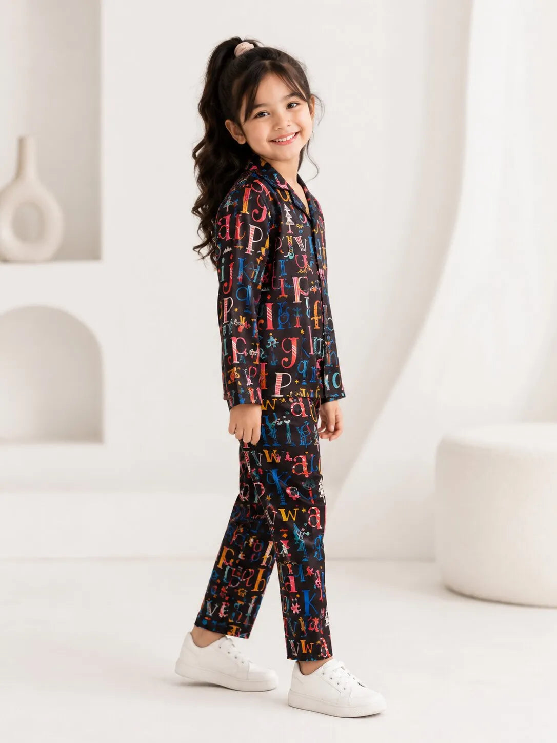 Girls Black & Multicolor Alphabet Print Satin Night Suit