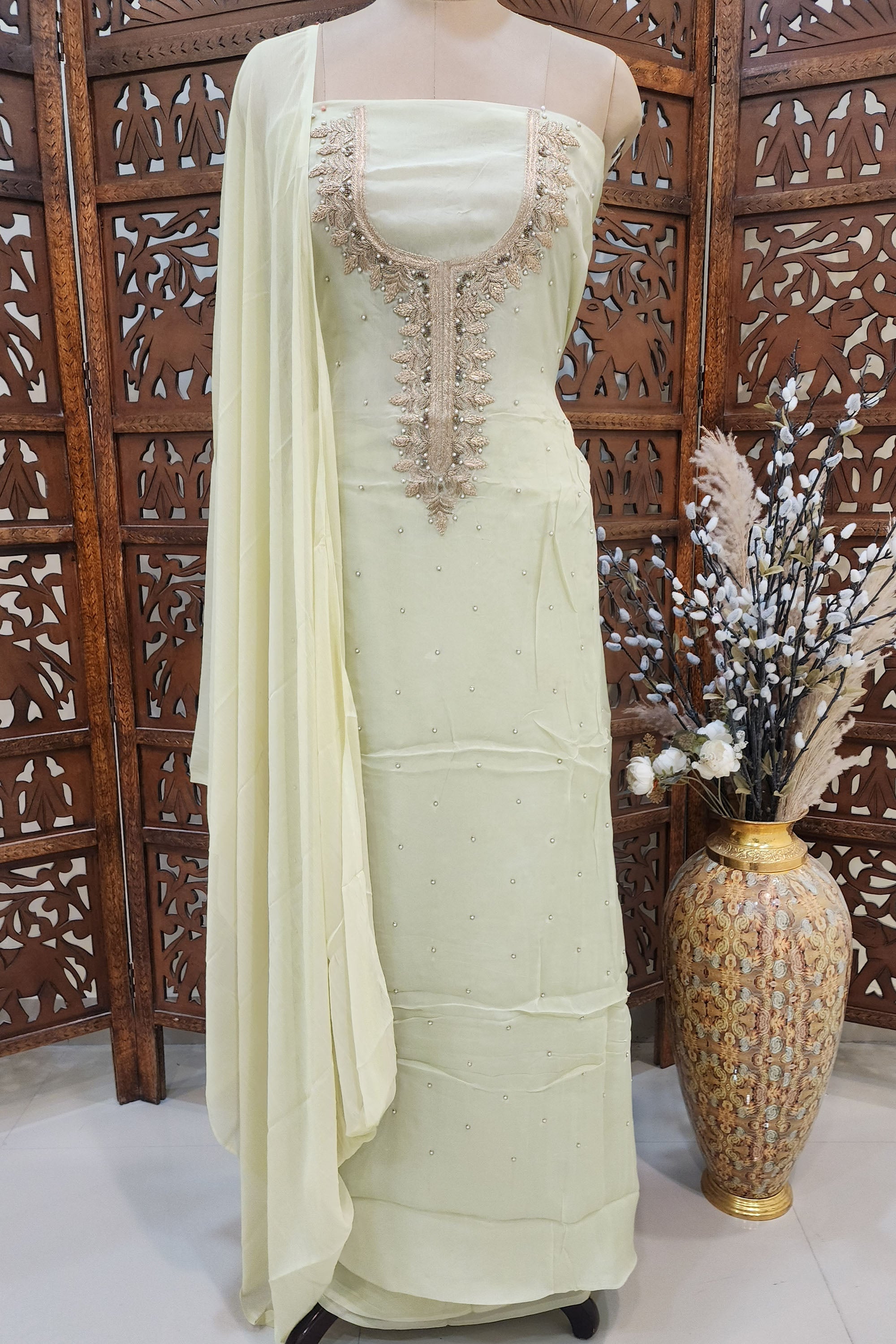 Lime Green Crepe Mirror-Work Unstitched Dress Material with Crepe  Dupatta