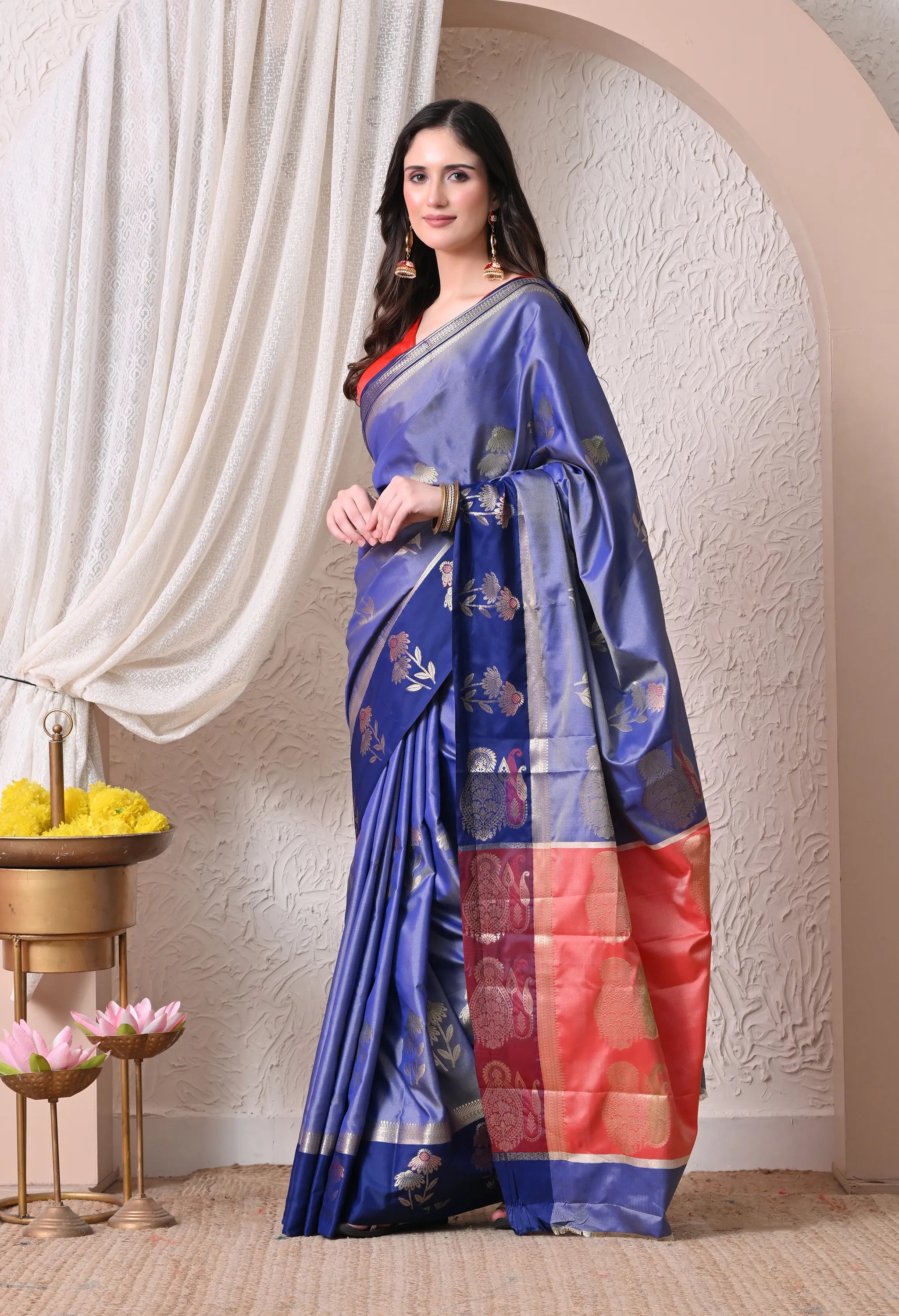 Regal Royal Blue and Navy Silk Blend Floral Banarasi Style Saree