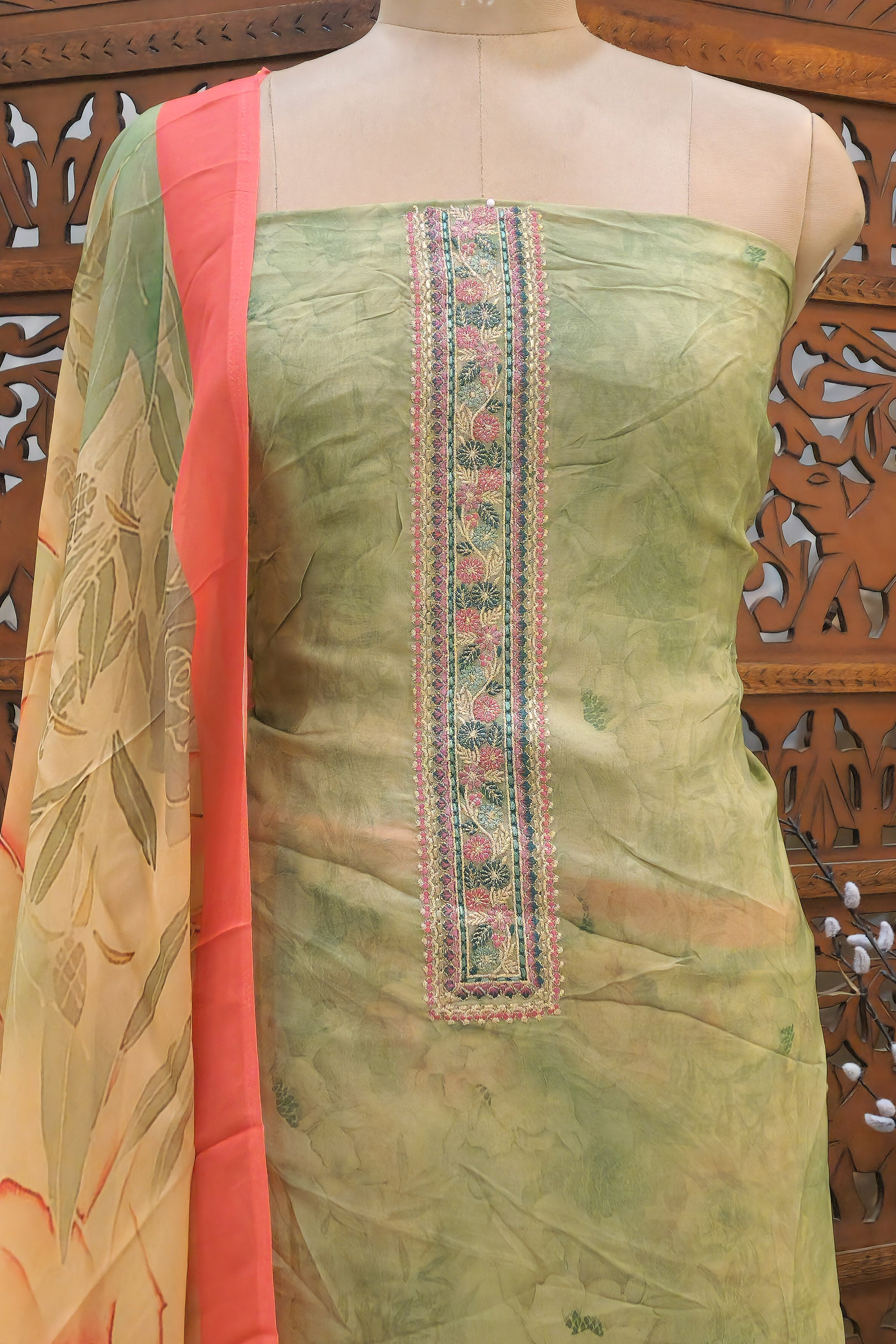 Women Sage Green & Peach Floral Printed  Organza Unstitched Dress Material with Embroidered Neckline