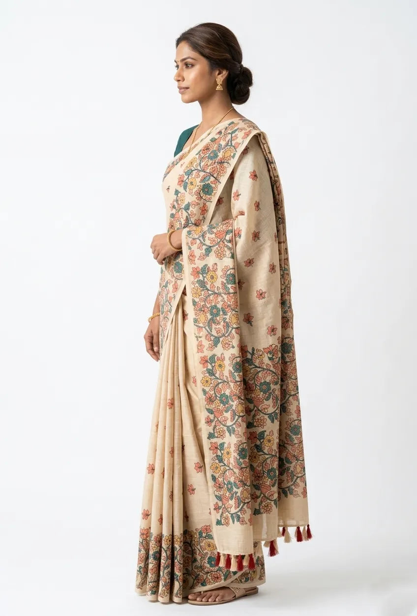 Beige Cotton Kalamkari Inspired Floral Printed Saree