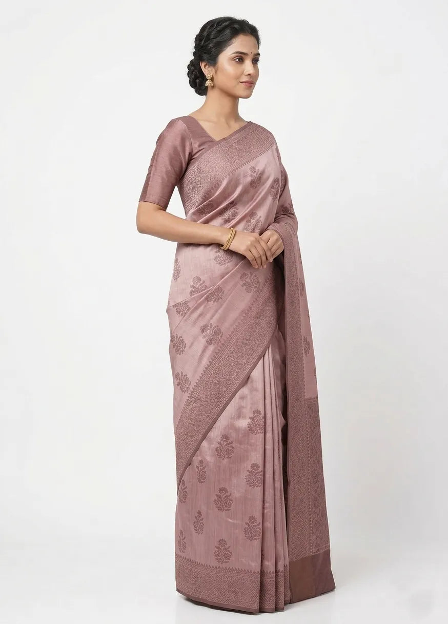 Mauve & Copper-Toned Floral Woven Design Banarasi Silk Saree with Unstitched Blouse