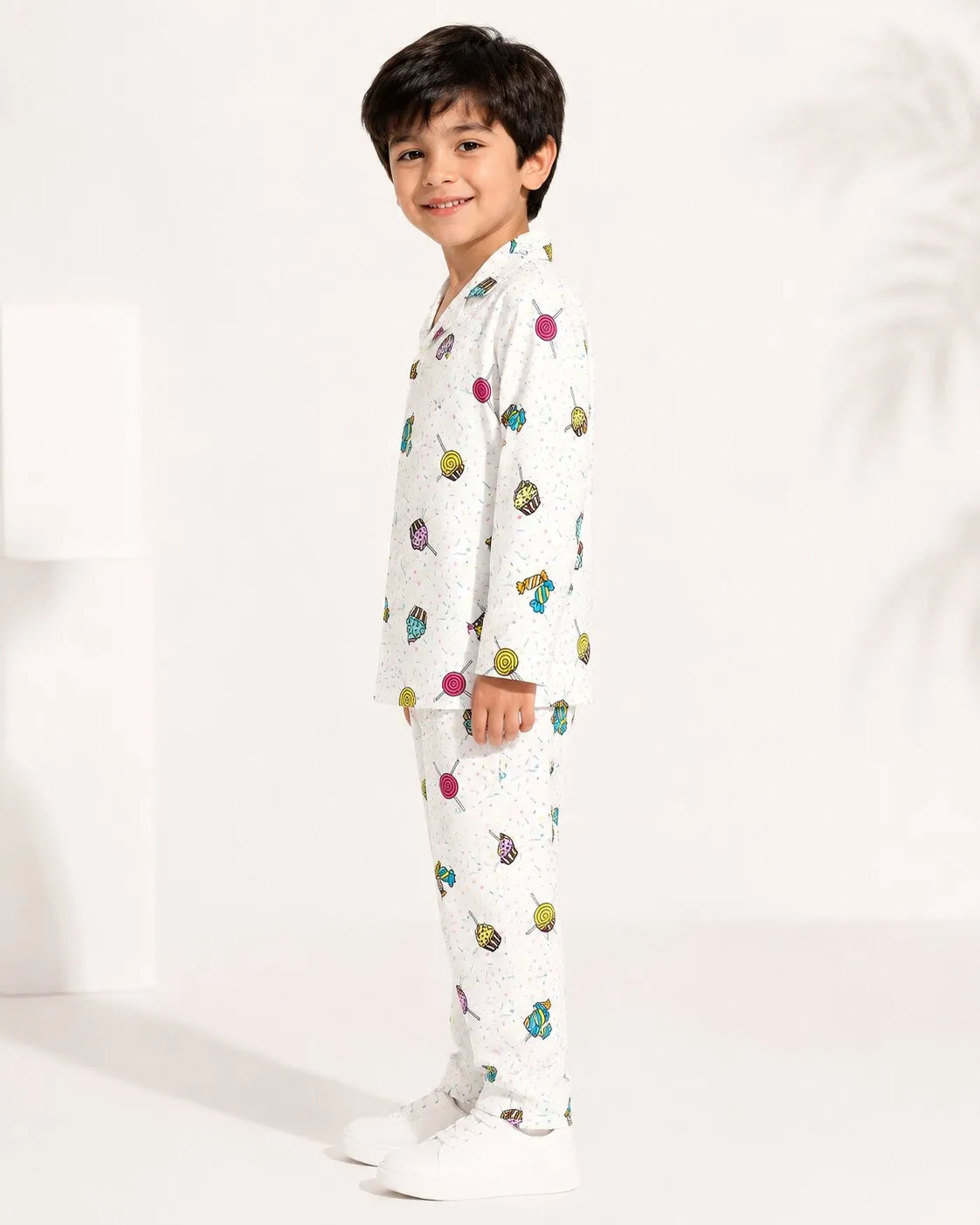Kids White & Multi-Coloured Printed Satin Night Suit