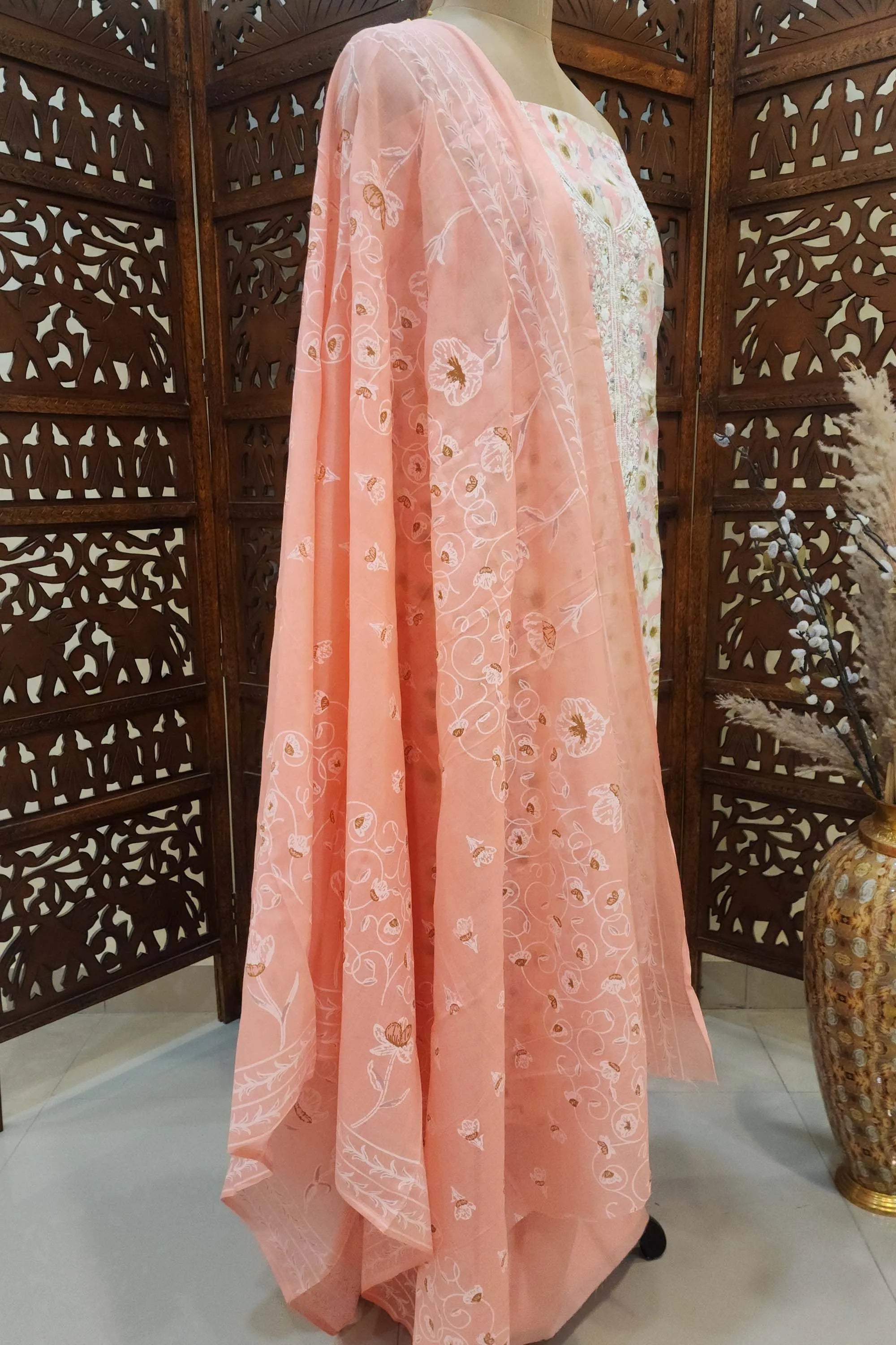Women Peach-Colored & White Floral Printed Unstitched Cotton Dress Material with Embroidered Neckline