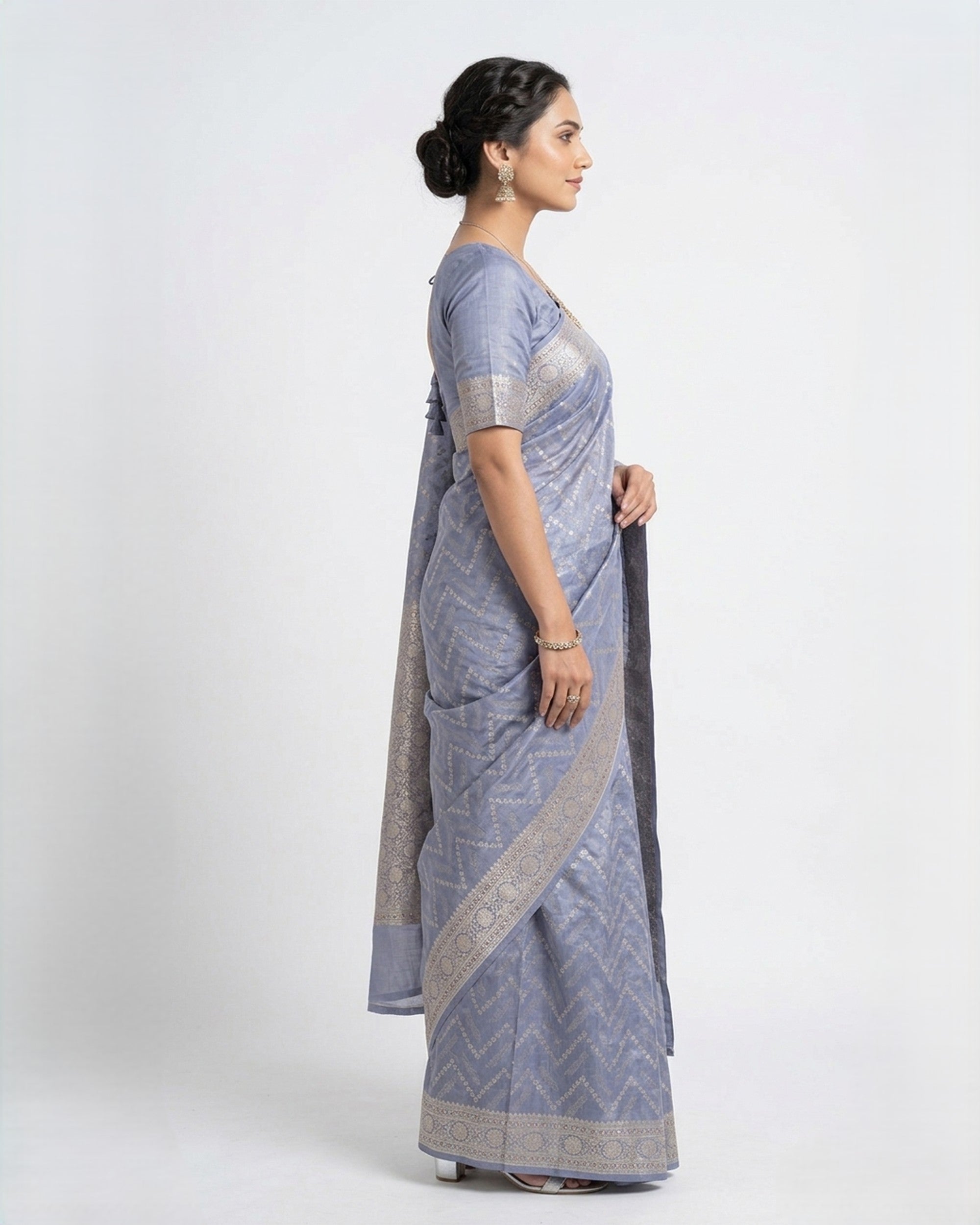 Steel Blue & Silver-Toned Silk Blend Zari Woven Banarasi Saree