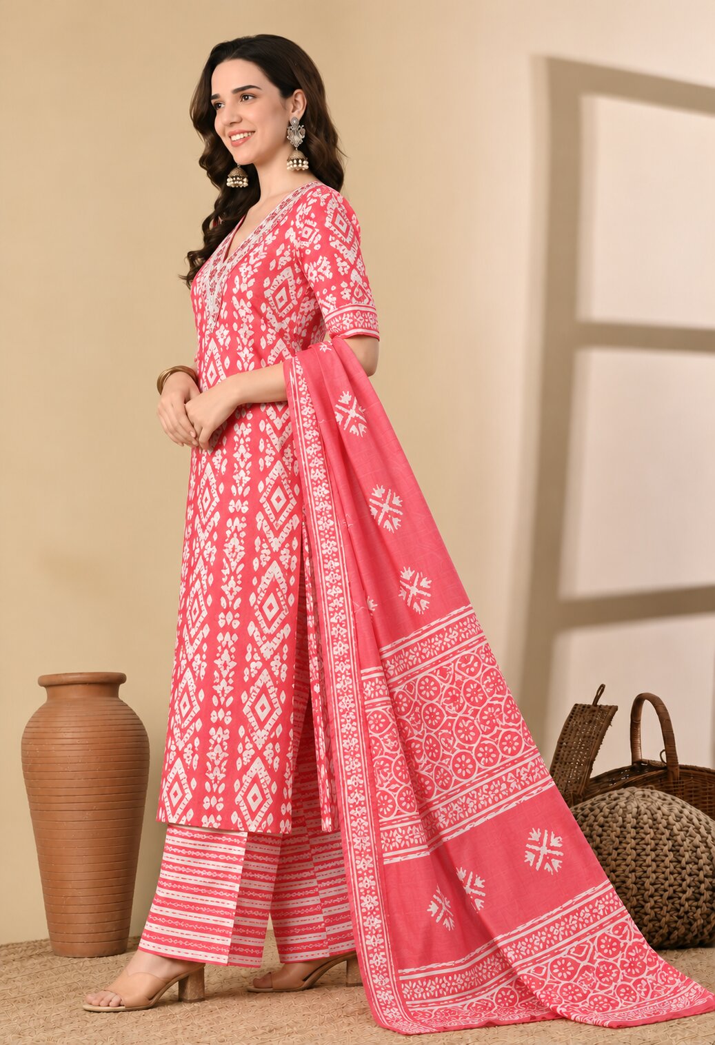 Red Cotton Printed Suit Set with Matching Cotton Dupatta