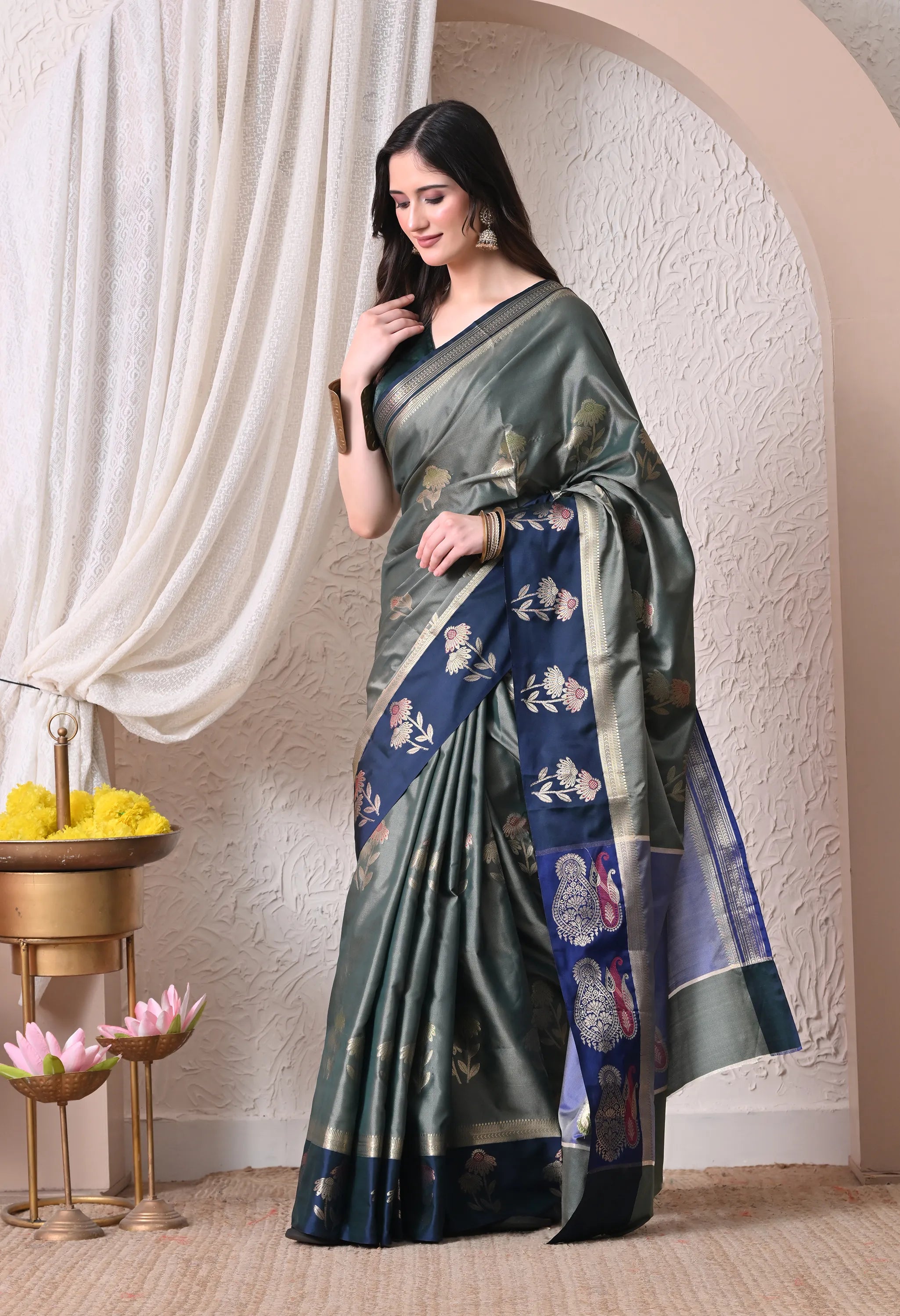 Contemporary Olive Grey and Navy Blue Silk Blend Saree