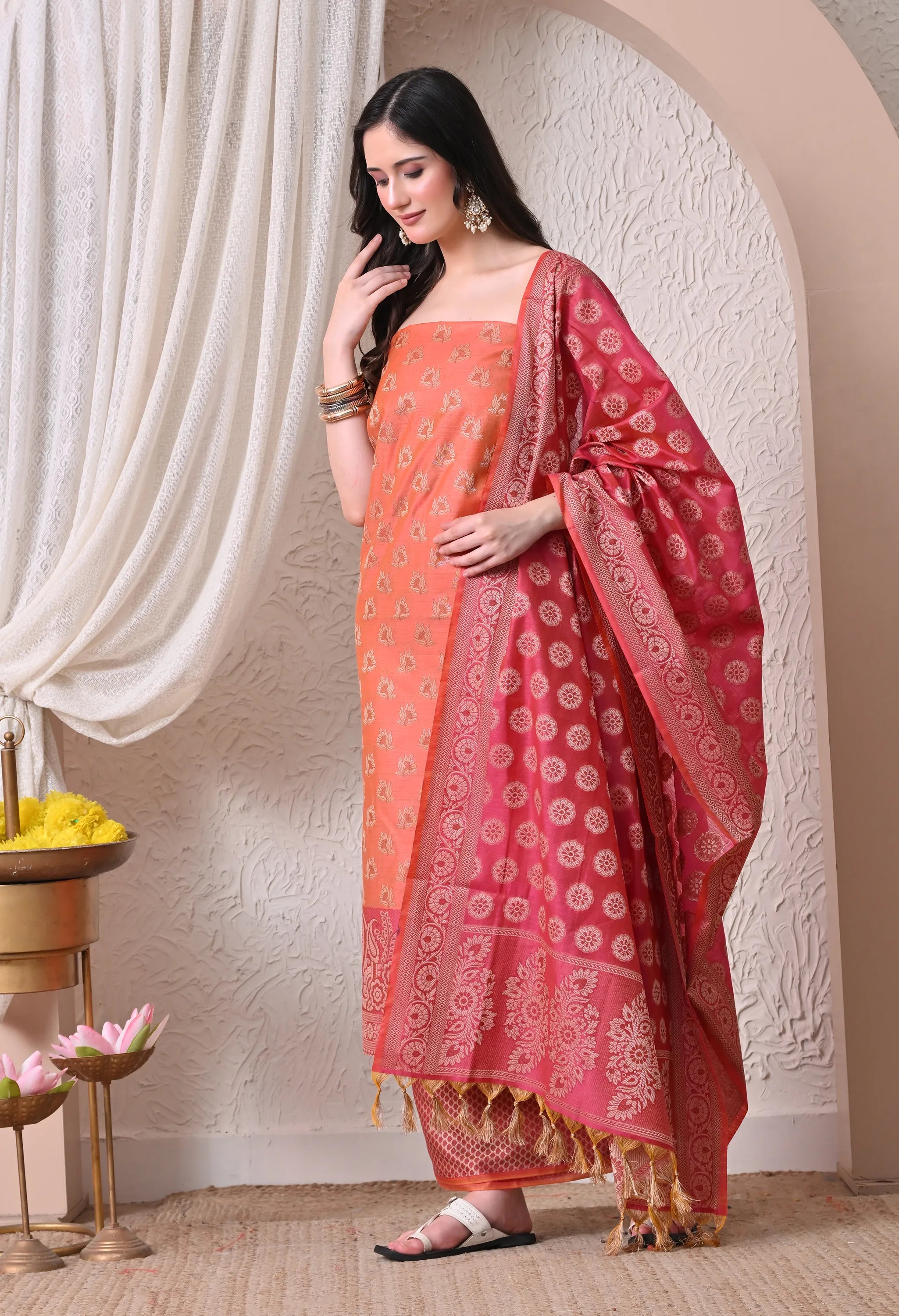 Elegant Peach and Magenta Woven Silk Unstitched Salwar Suit Material with Banarasi Style Dupatta