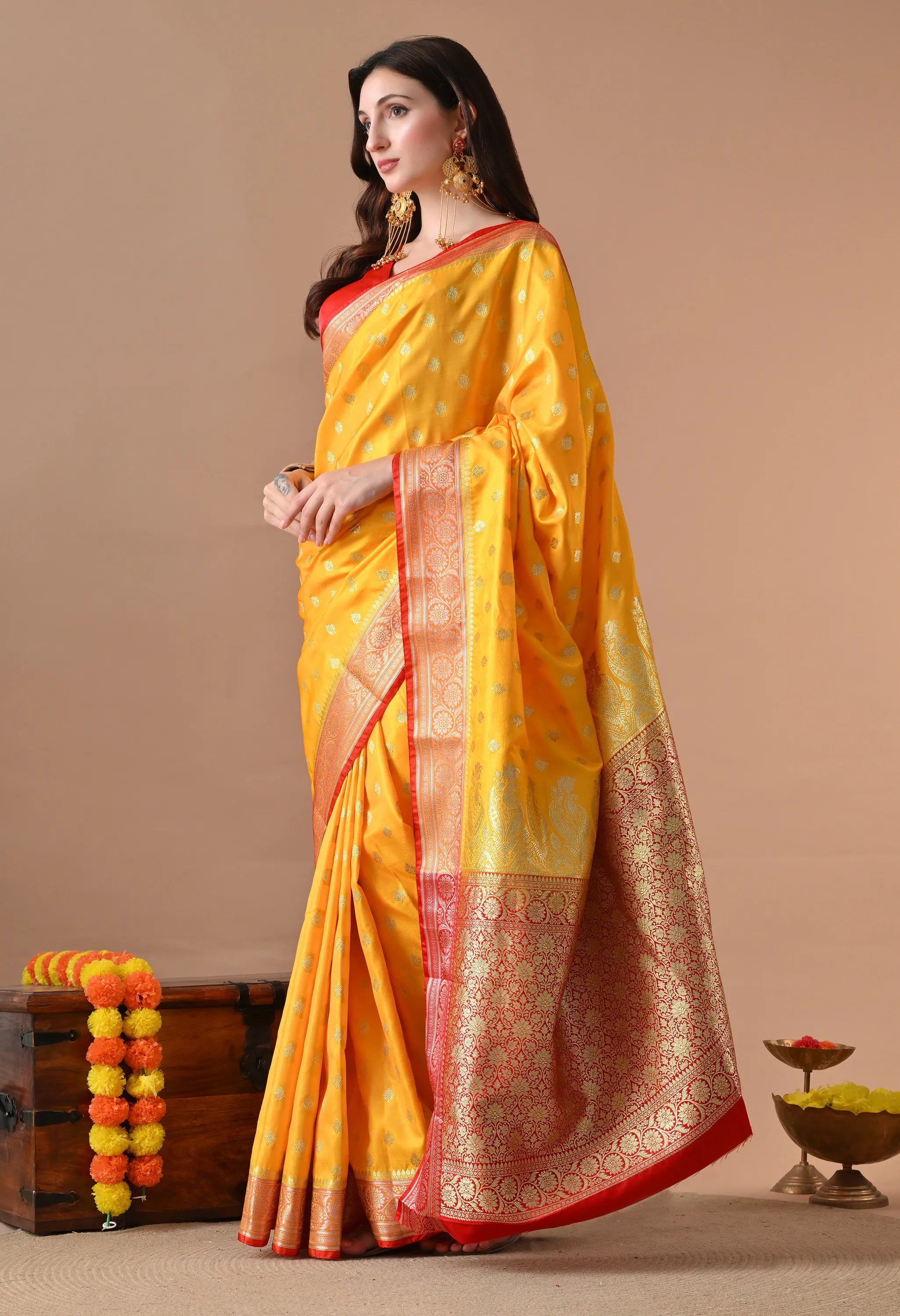 Ethnic Elegance Yellow & Red Silk-Blend Banarasi Saree with Zari Border