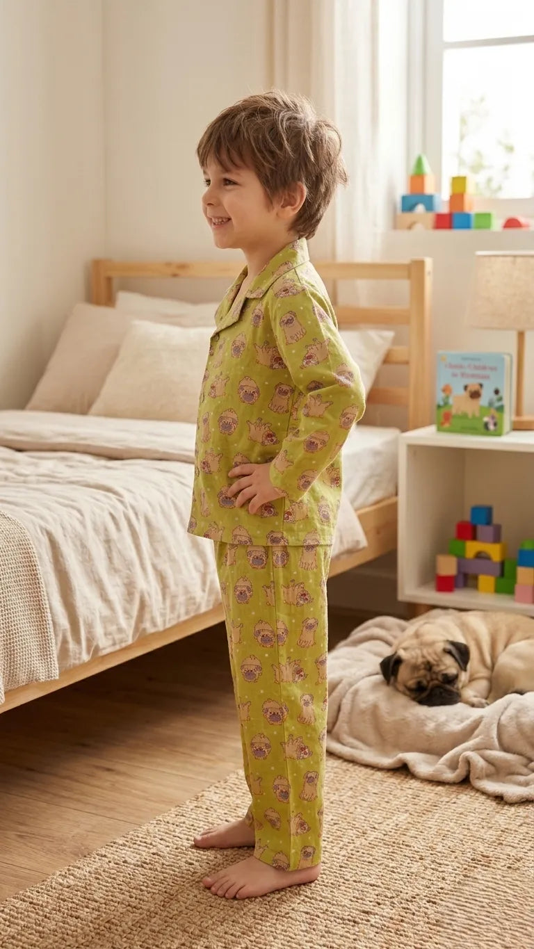 Kids Olive Green & Beige Pug Print Night Suit