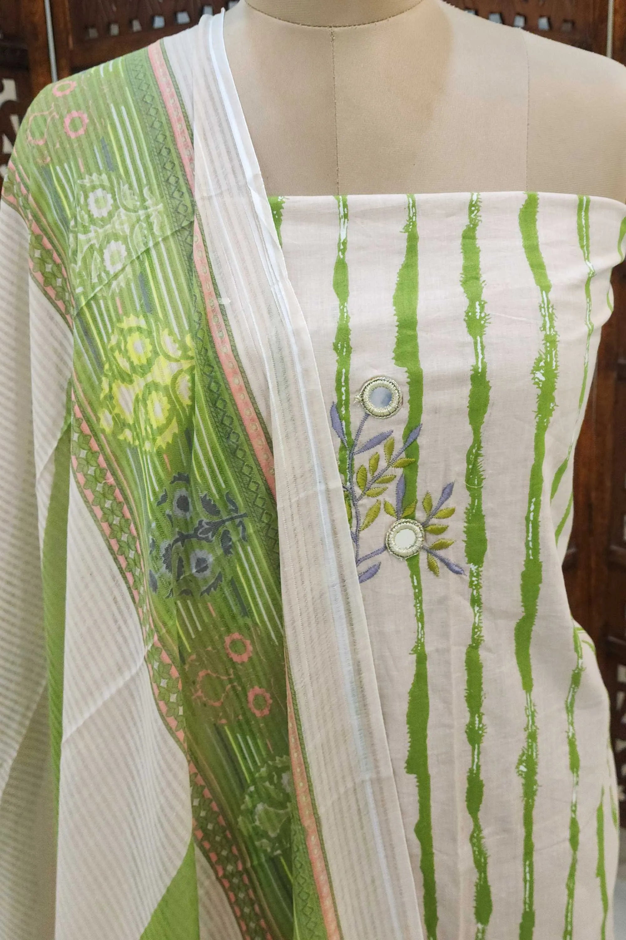 Off-White & Green Floral Printed Unstitched Pure Cotton Dress Material with Dupatta