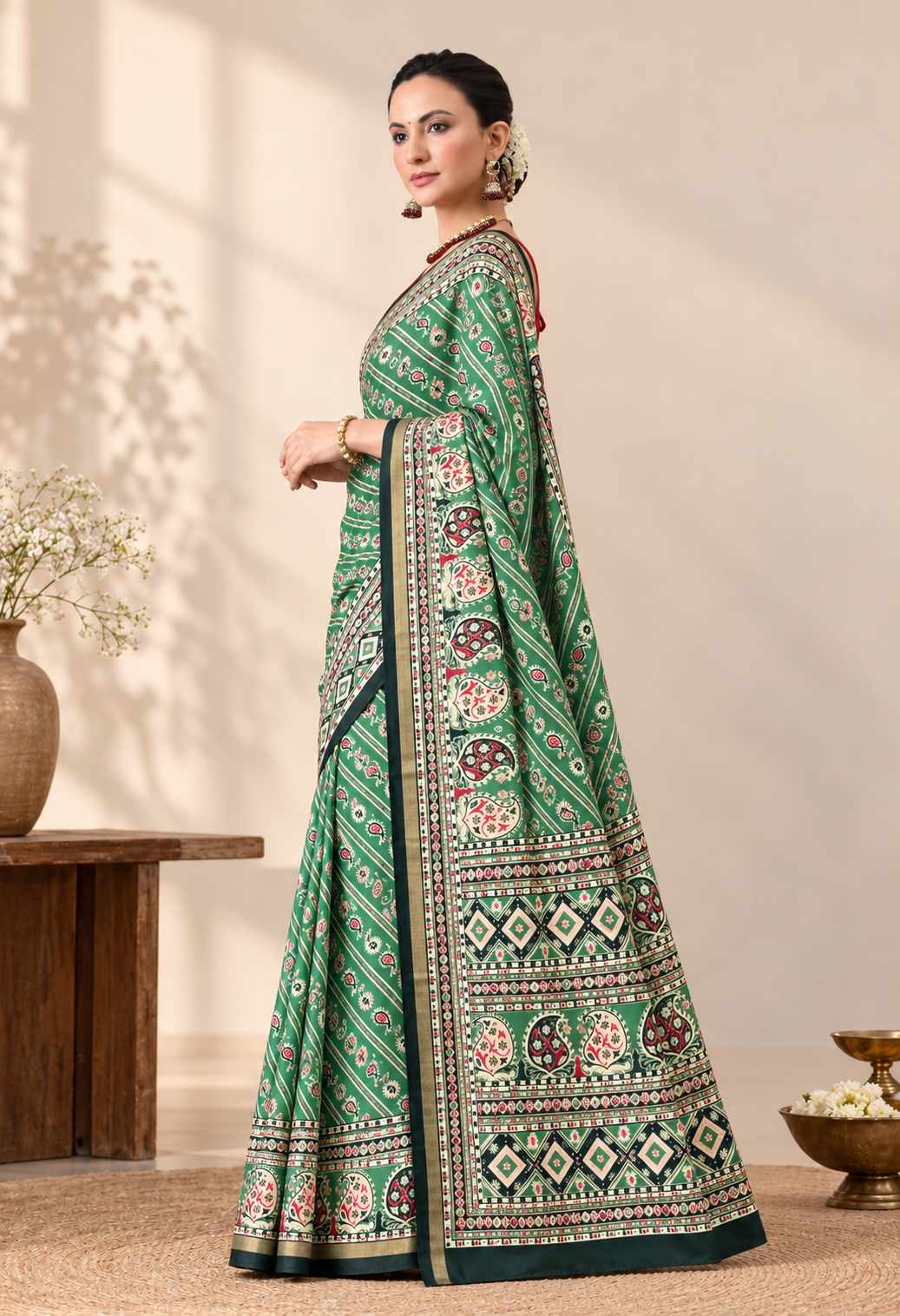 Elegant Green Printed Saree with Intricate Traditional Border & Pallu