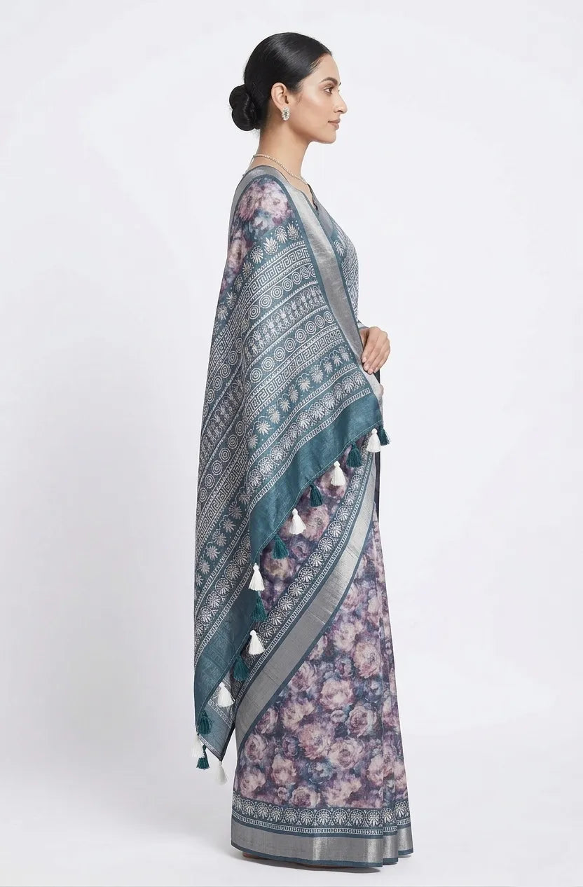 Blue Floral Printed Silk Blend Saree with Zari Border & Tassels