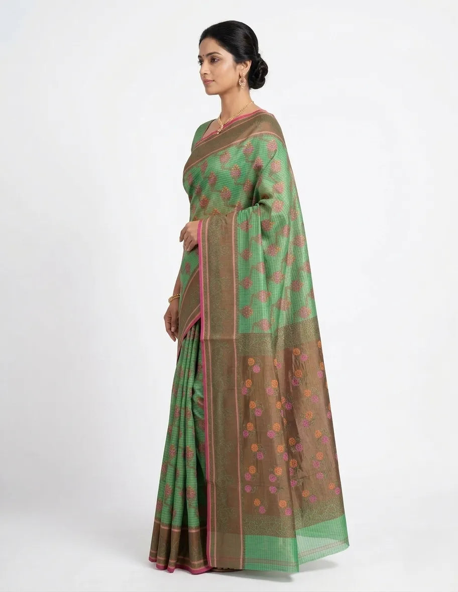 Sea Green & Brown Checked Silk Blend Saree with Floral Woven Butis