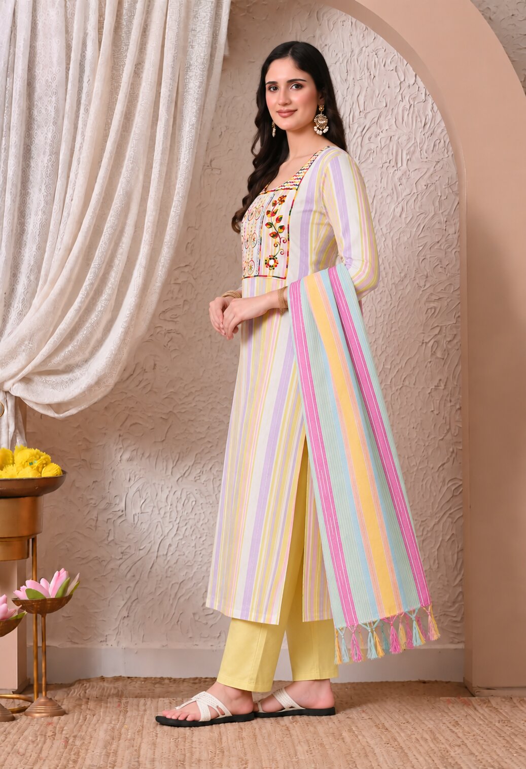 Multicolour Striped Cotton Kurta Set with Matching Dupatta