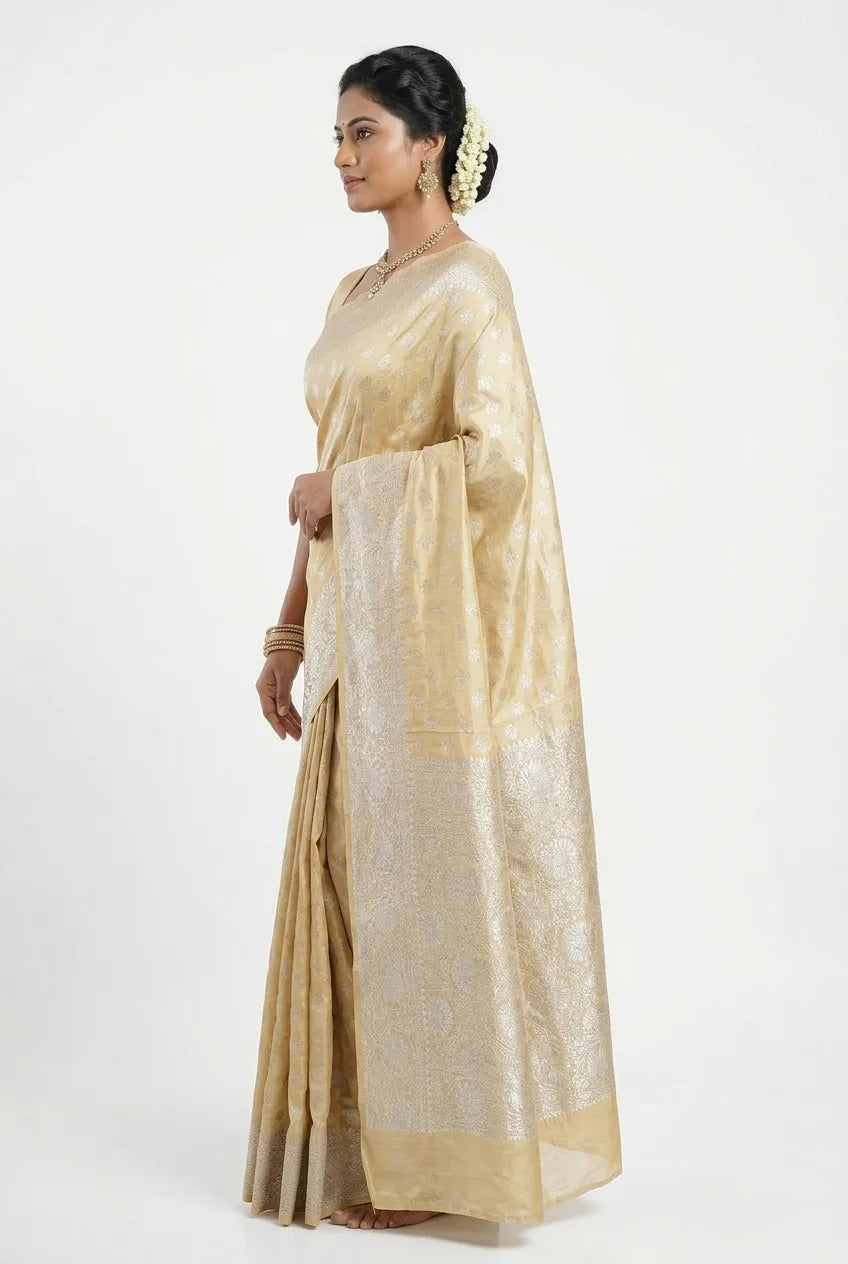 Cream & Gold Woven Design Banarasi Silk Saree