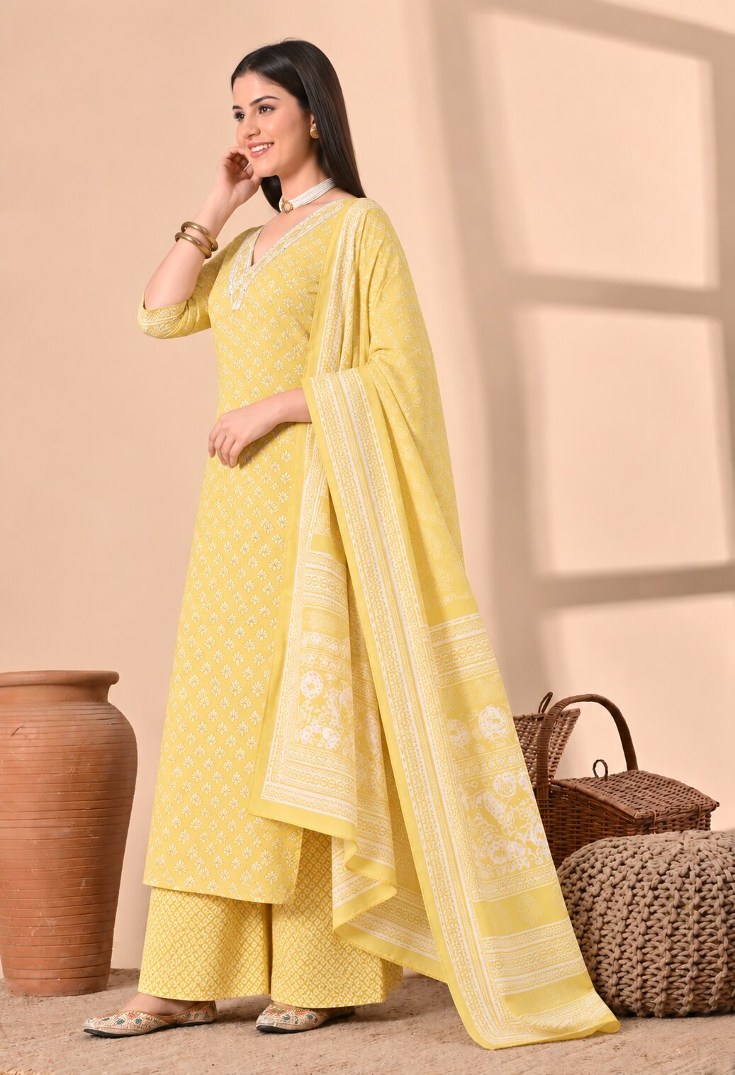 Yellow Cotton Printed Straight Suit Set with Matching Cotton Dupatta