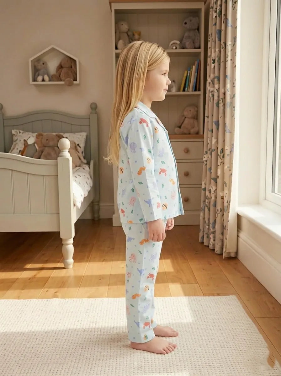 Kids Blue Sea-Life Printed Satin Long-Sleeved Nightsuit