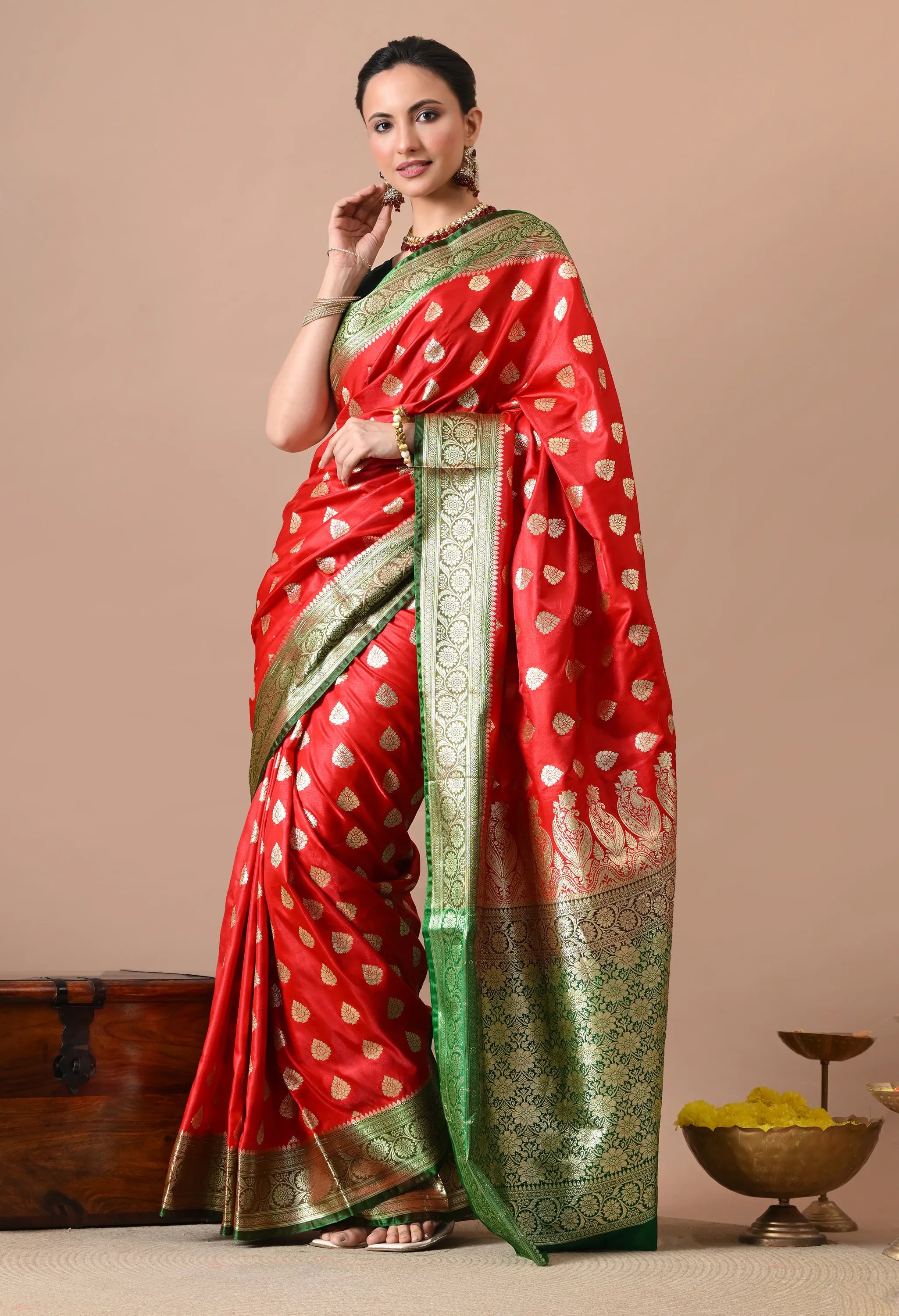 Red & Green Woven Design Banarasi Silk-Blend Saree with Zari Border