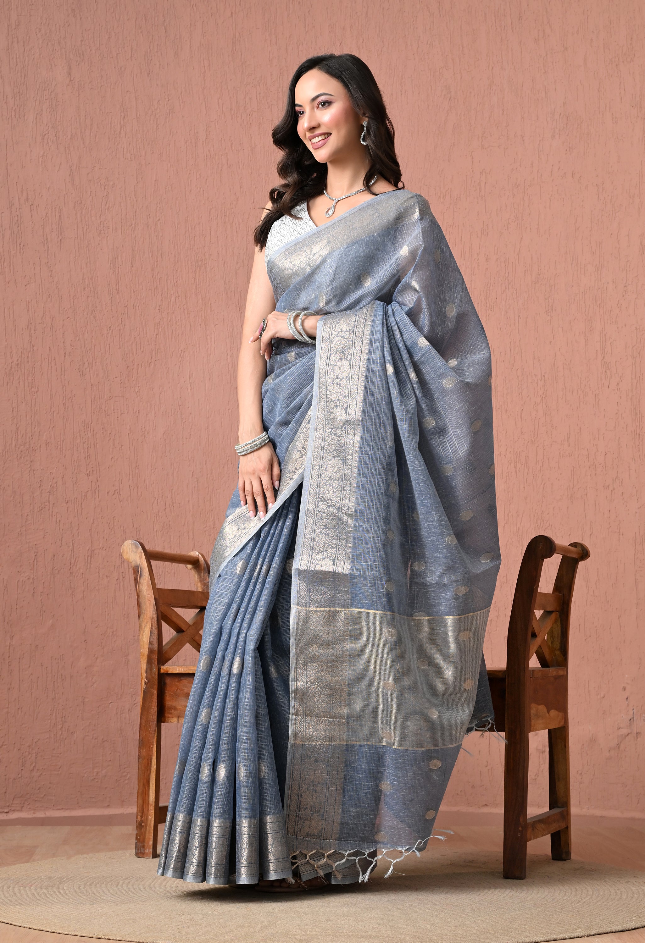 Elegant Steel Blue Cotton Saree with Silver Zari Border