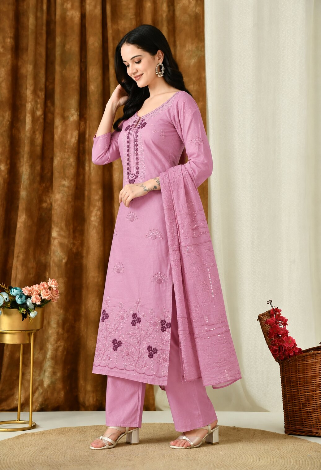 Dusty Pink Chanderi Silk Embroidered Anarkali Suit Set with Organza Dupatta