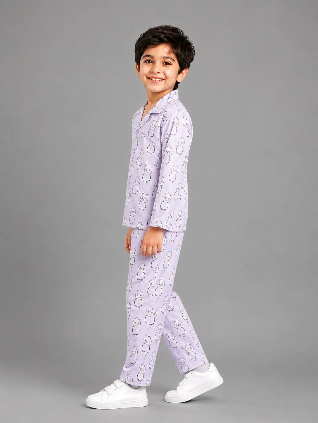 Boys Pink & White Cartoon Print Satin Night Suit Set