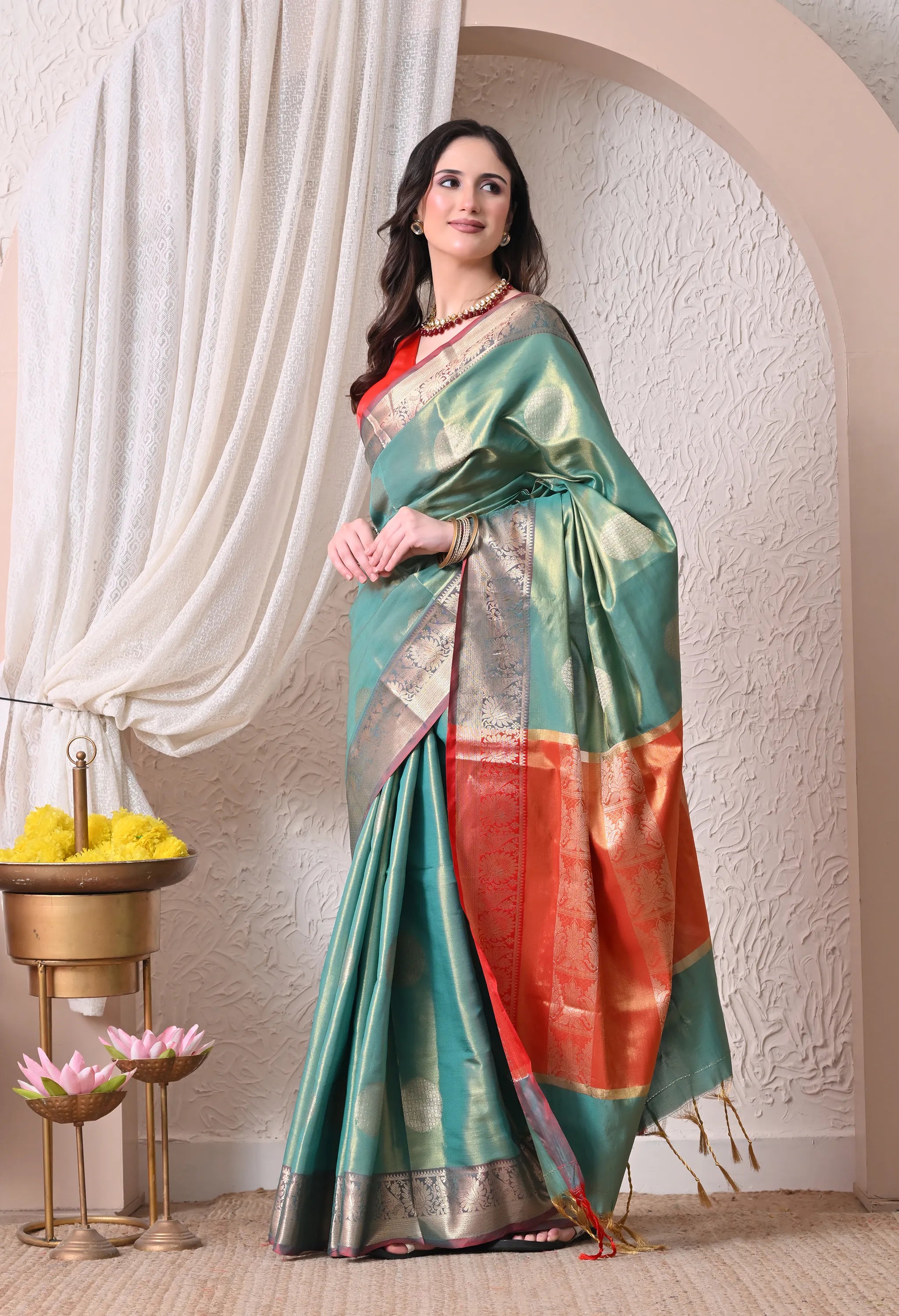 Silk Blend Saree in Seafoam Green & Coral Red