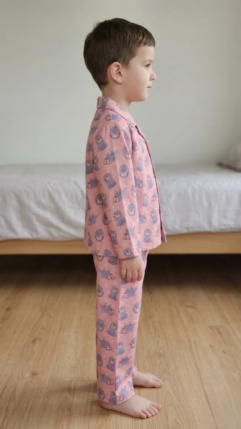 Boys Pink & Grey Pug Printed Pure Cotton Night Suit