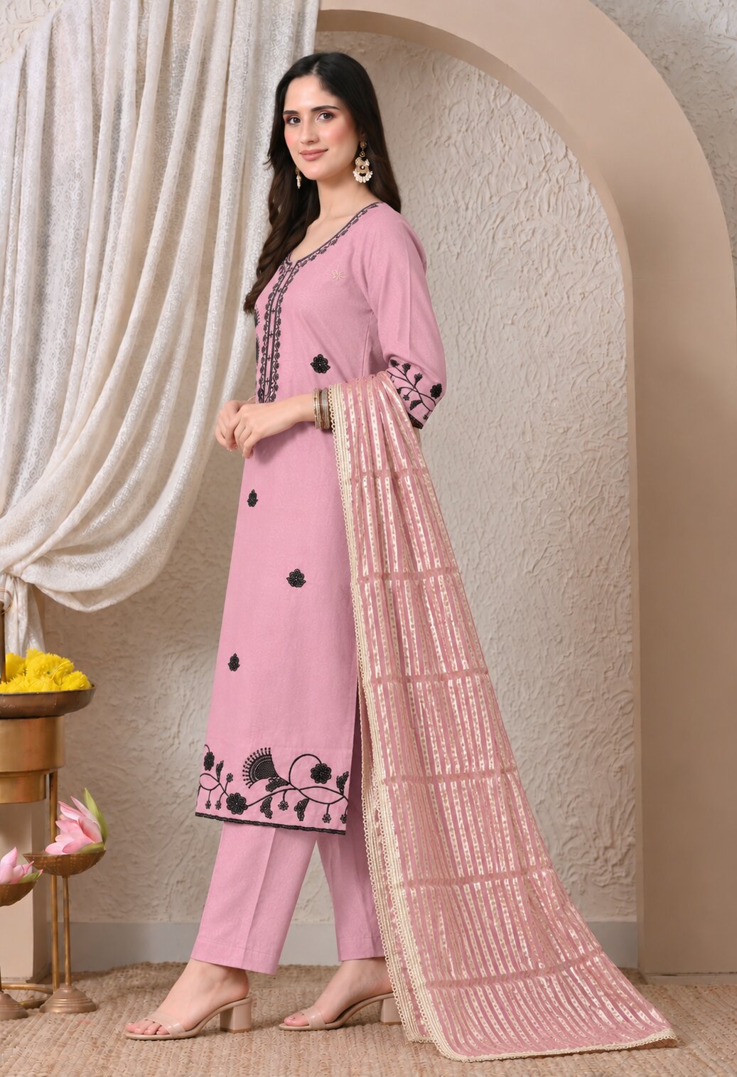 Pink Chanderi Silk Embroidered Straight Suit Set with Organza Dupatta for Women