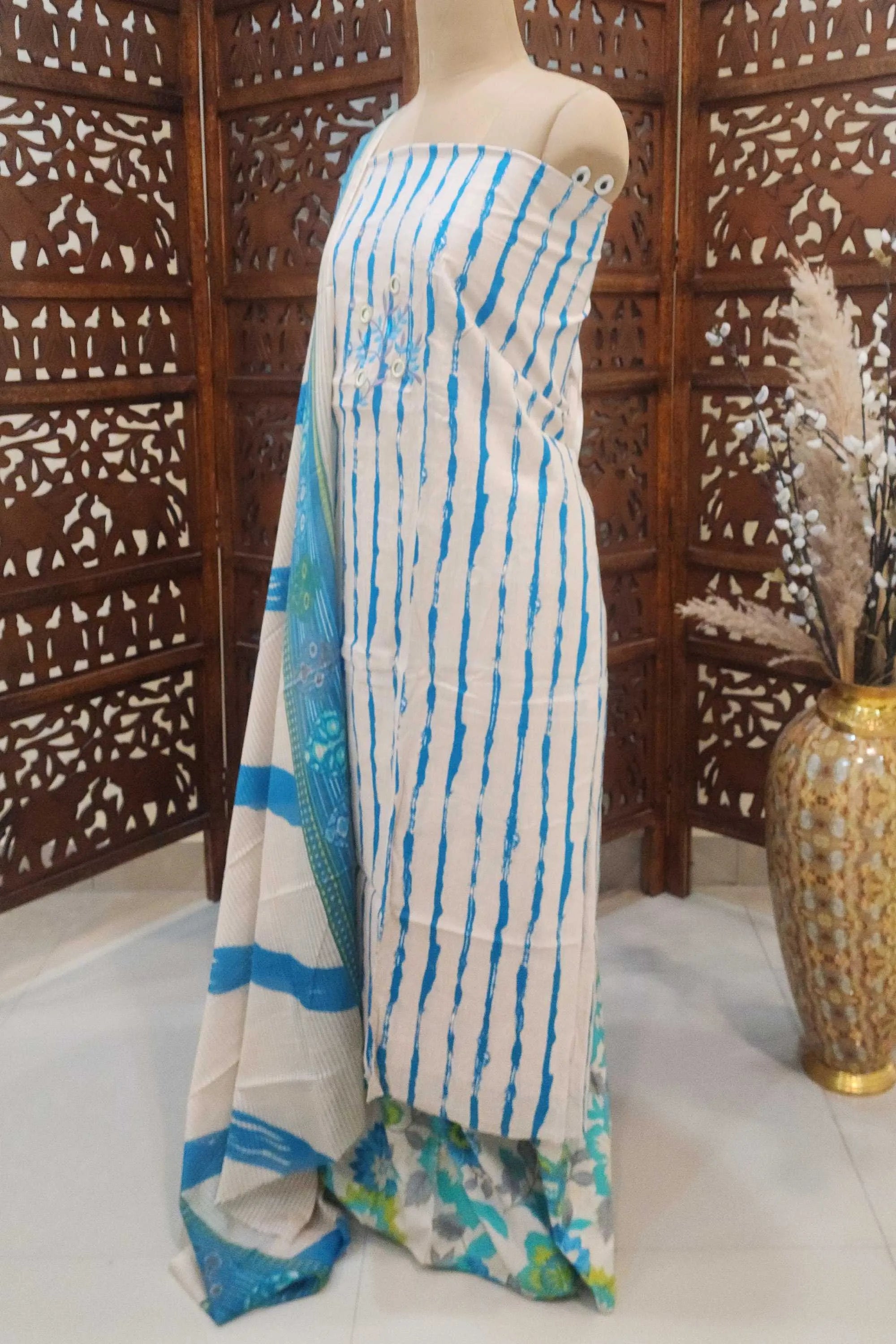 Women Off-White & Blue Striped Pure Cotton Unstitched Dress Material with Mirror Work