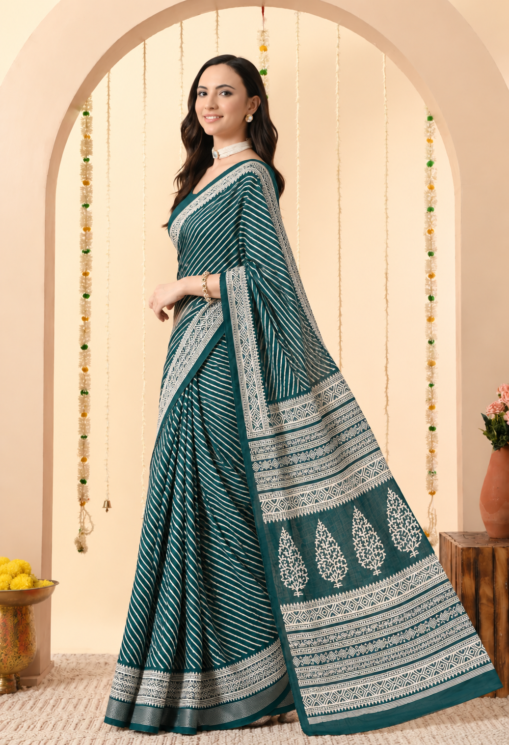 Teal Blue & Ivory Striped Printed Saree with Traditional Designer Pallu