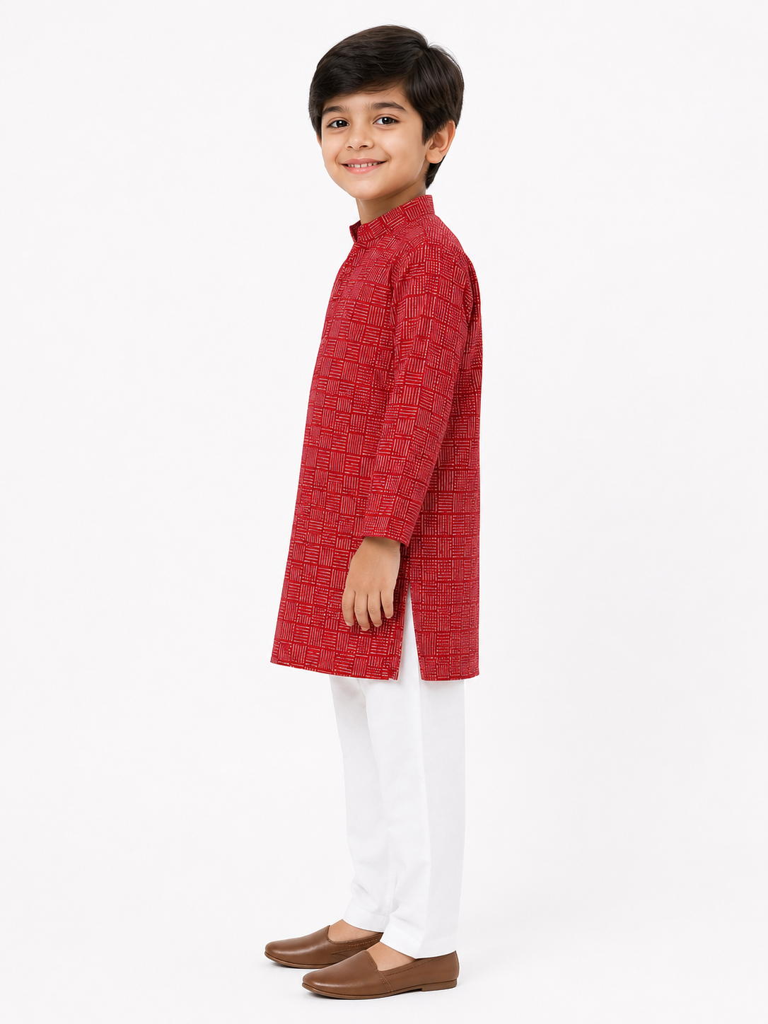 Boys Red & White Geometric Printed Pure Cotton Kurta with Pyjamas