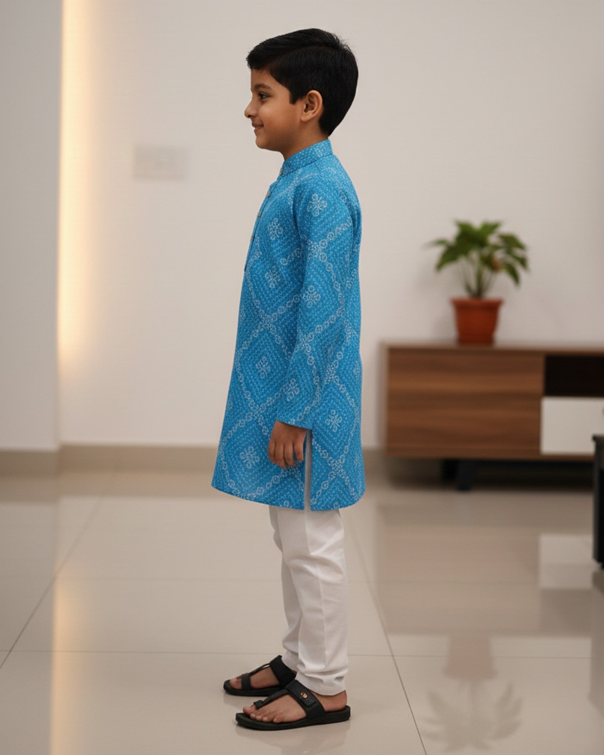 Boys Blue & White Bandhani Printed Kurta with Dhoti Pants