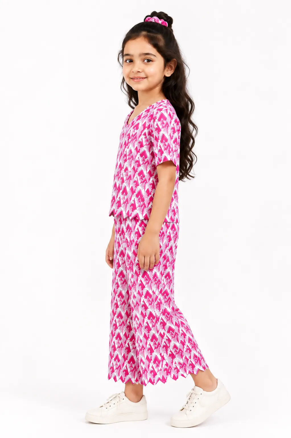 Girls Pink Ikat Printed Co-ord Set - Scallop Hem V-Neck Top & Wide-Leg Trousers