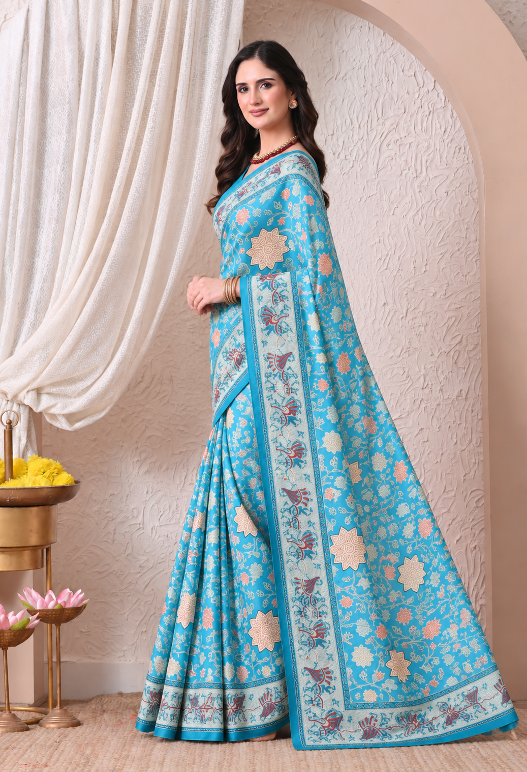Elegant Turquoise Blue Chiffon Saree with Floral Print
