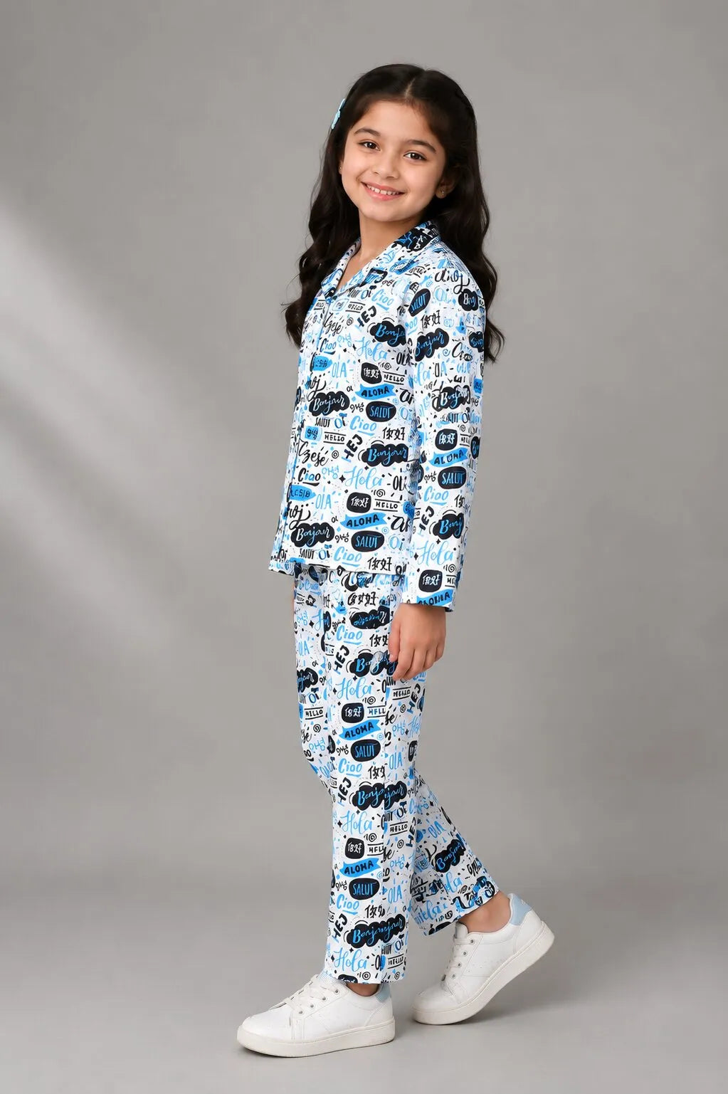 Girls Satin "Hello" Multilingual Print Night Suit