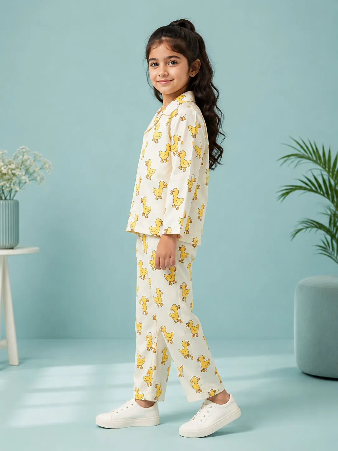 Girls Off-White & Yellow Satin Duck Printed Nightsuit