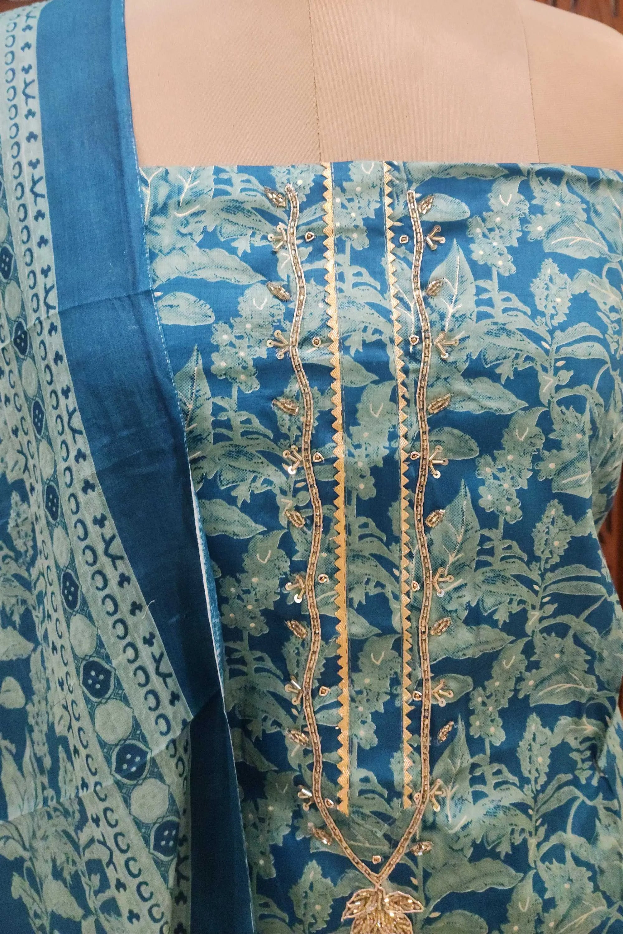 Women Teal & Sea Green Floral Printed Pure Cotton Unstitched Dress Material with Gota Patti Work