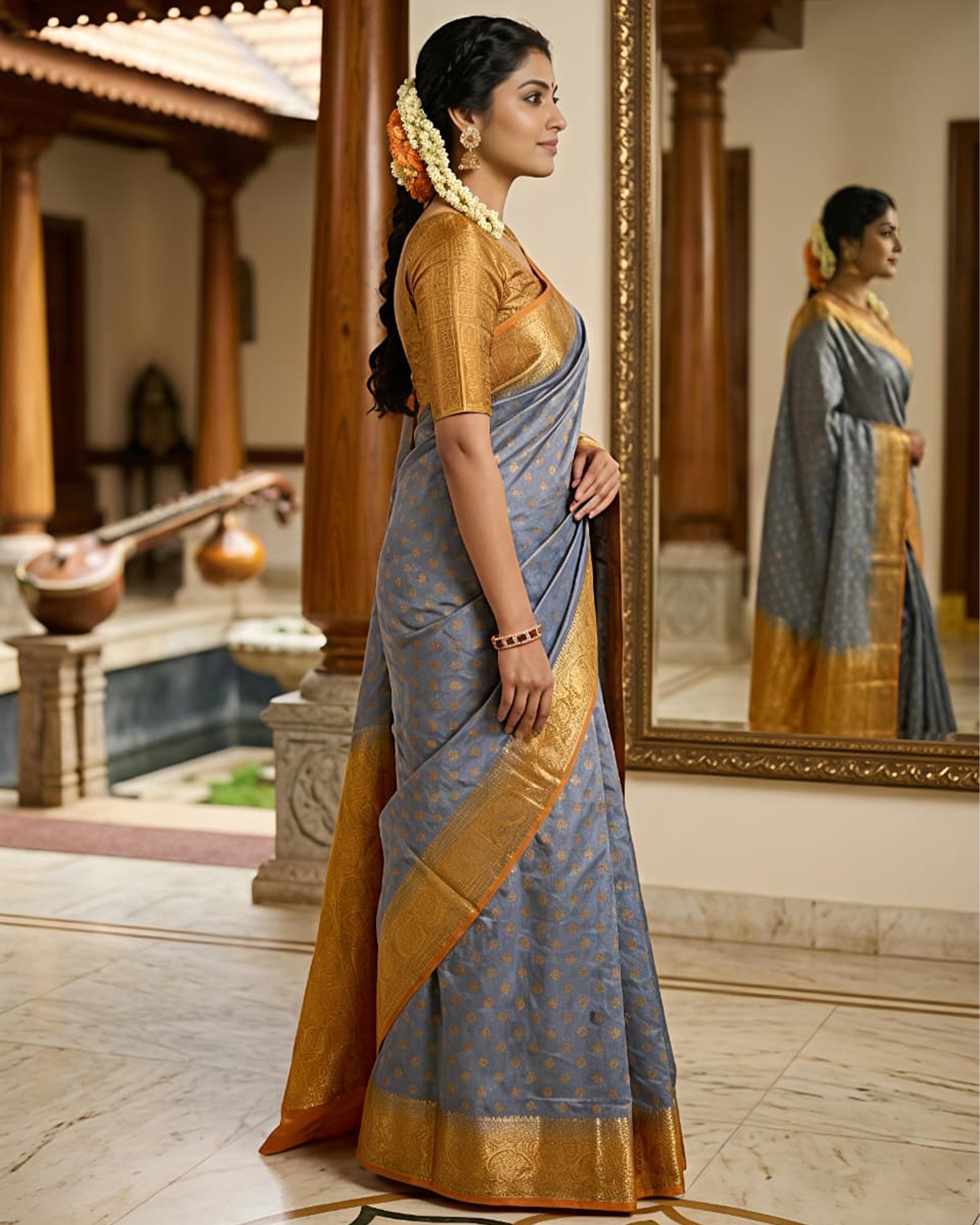 Steel Blue & Gold-Toned Silk Blend Kanjeevaram Style Saree