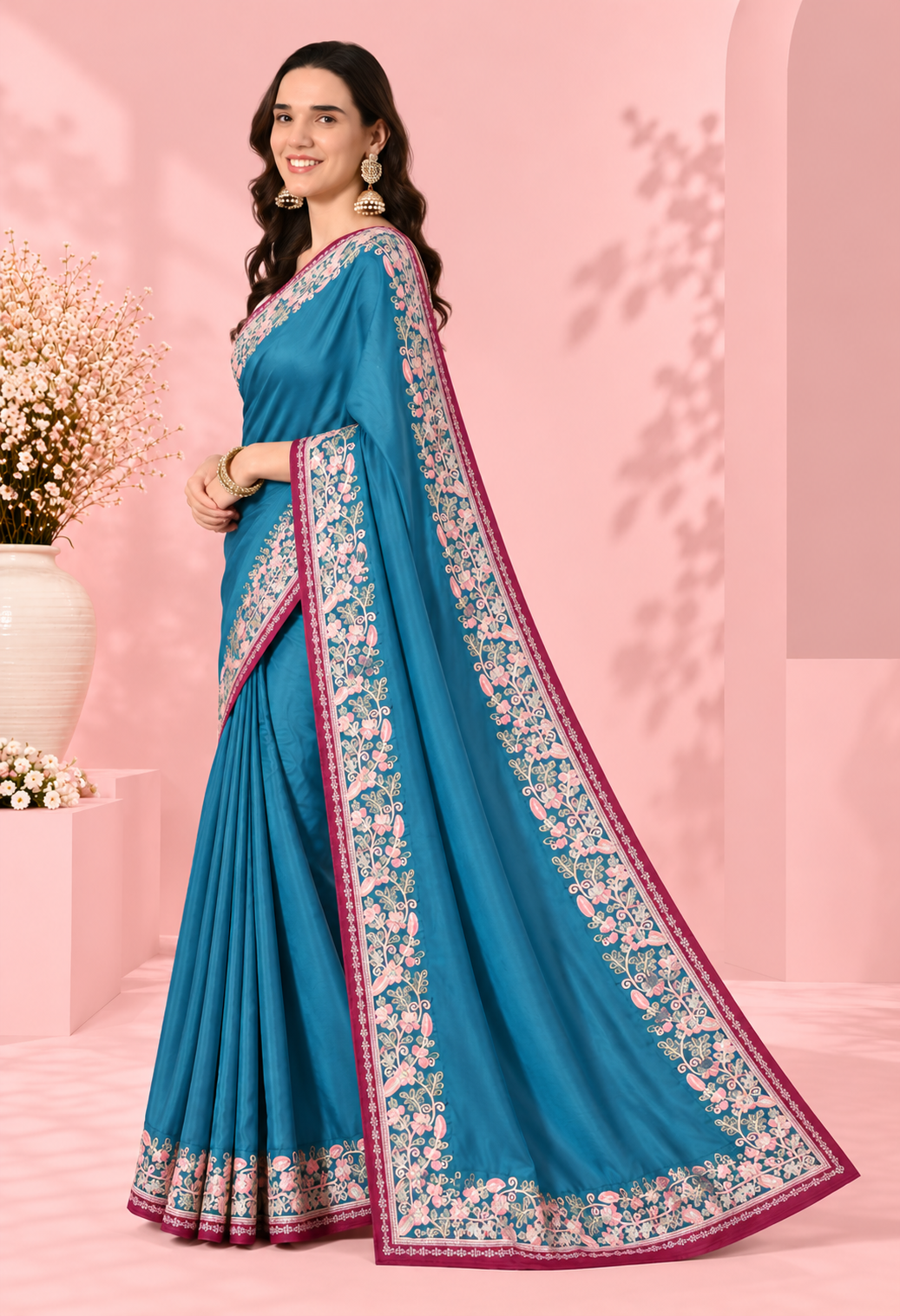 Elegant Teal Blue Floral Border Saree with Rich Pink Accents